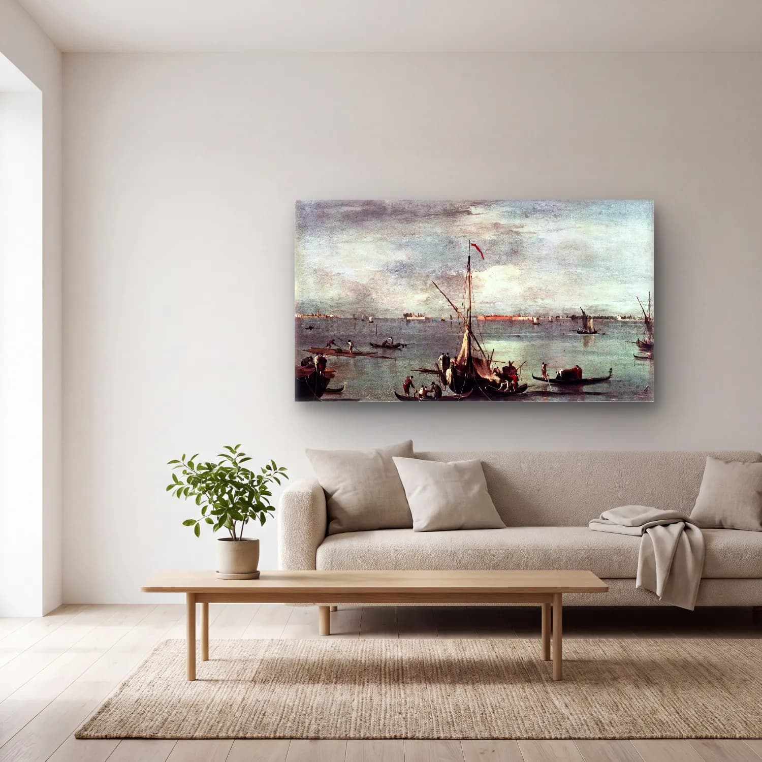 Francesco Guardi – The Lagoon with Boats, Gondolas, and Rafts cam tablo — açık renk salonda