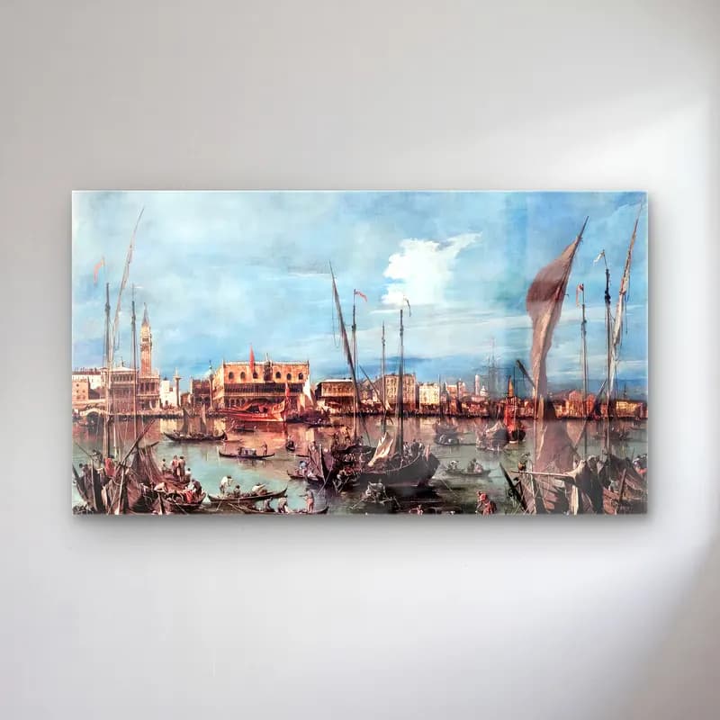 Francesco Guardi – The Molo and the Riva degli Schiavoni from the Bacino di… cam tablo — Francesco Guardi – The Molo and the Riva degli Schiavoni from the Bacino di… — yağlı boya liman ve tekneler