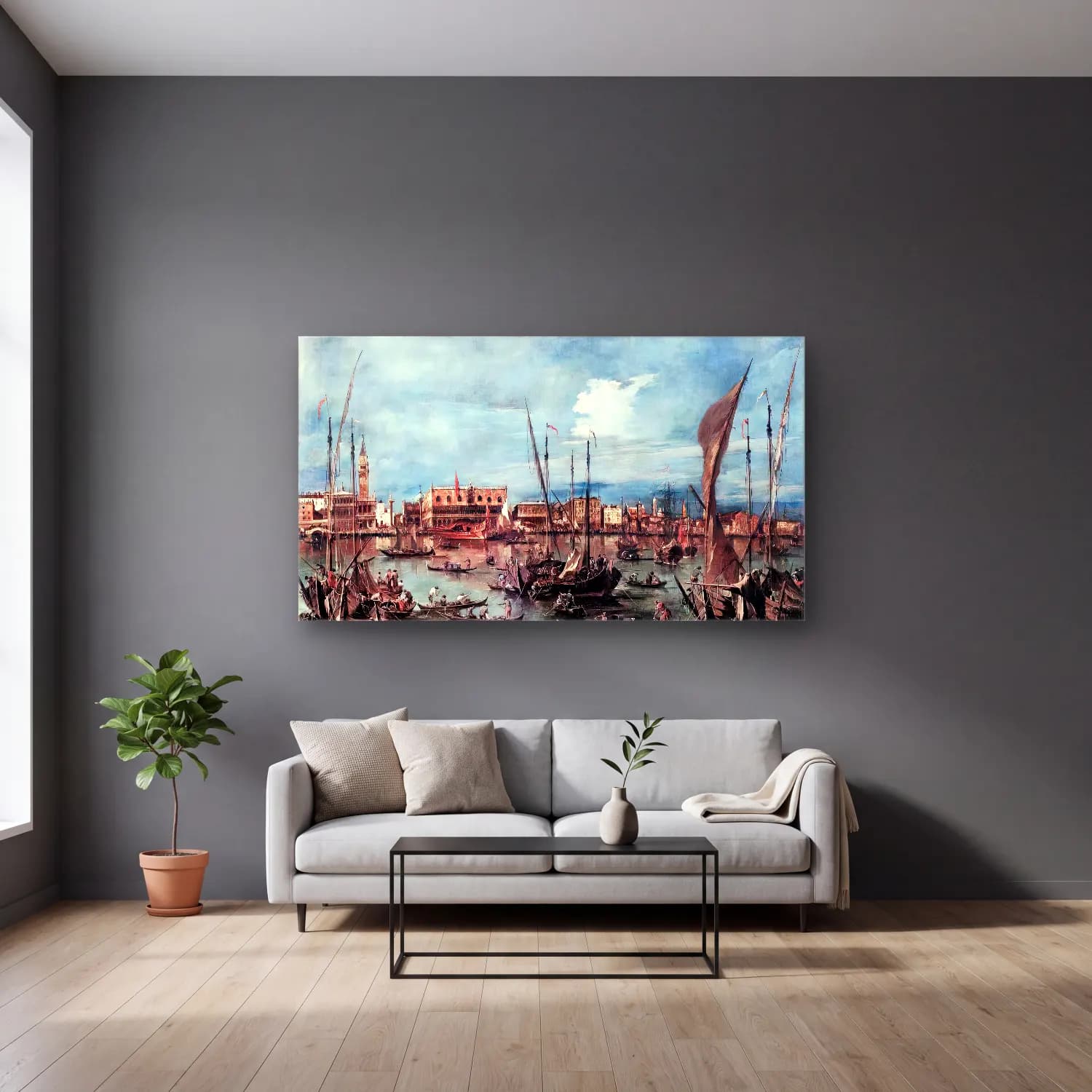 Francesco Guardi – The Molo and the Riva degli Schiavoni from the Bacino di… cam tablo — gri duvarlı salonda