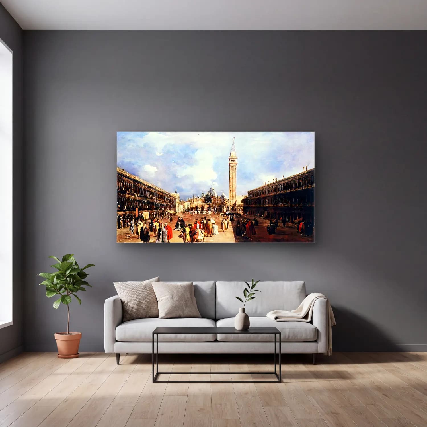 Francesco Guardi – The Piazza San Marco towards the Basilica cam tablo — gri duvarlı salonda