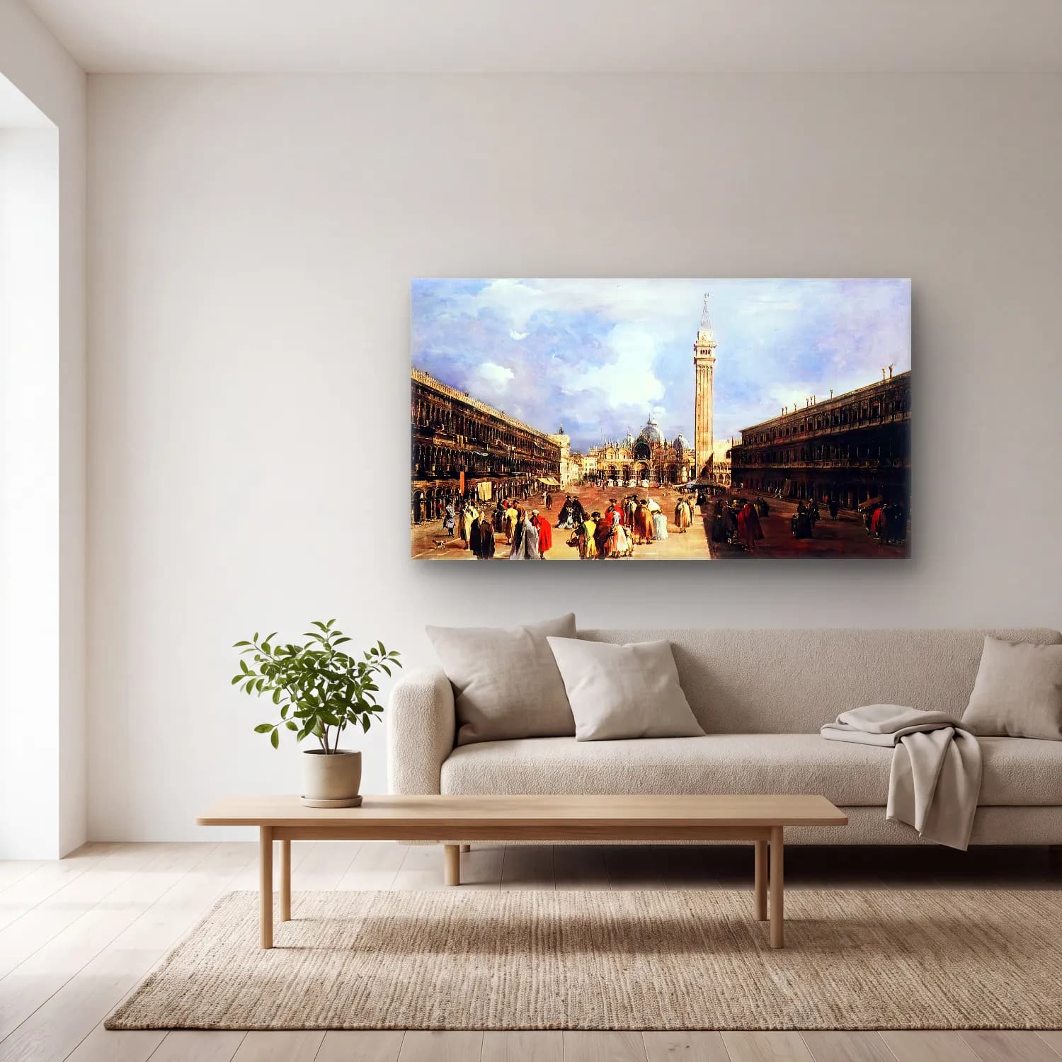 Francesco Guardi – The Piazza San Marco towards the Basilica cam tablo — açık renk salonda