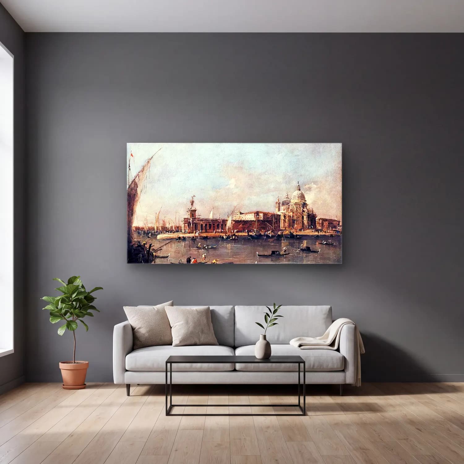 Francesco Guardi – The Punta di Dogana cam tablo — gri duvarlı salonda