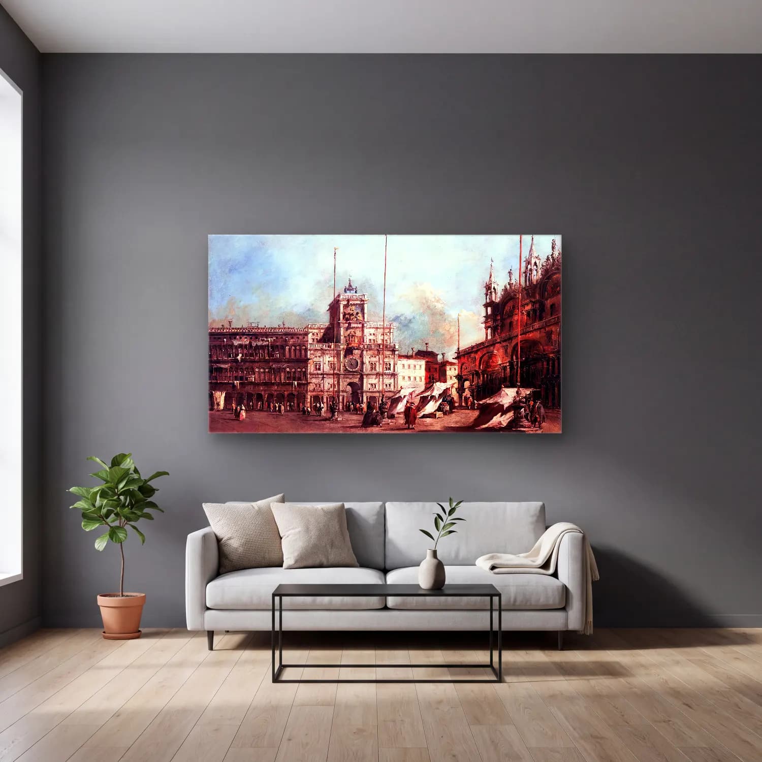 Francesco Guardi – The Torre dell Orologio cam tablo — gri duvarlı salonda