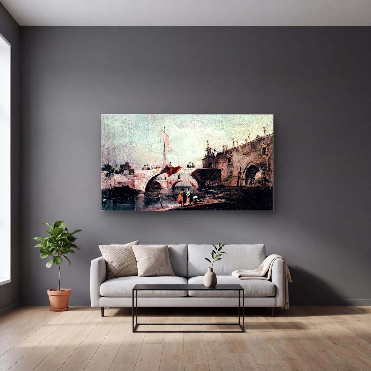 Francesco Guardi – Town with a Bridge cam tablo — gri duvarlı salonda