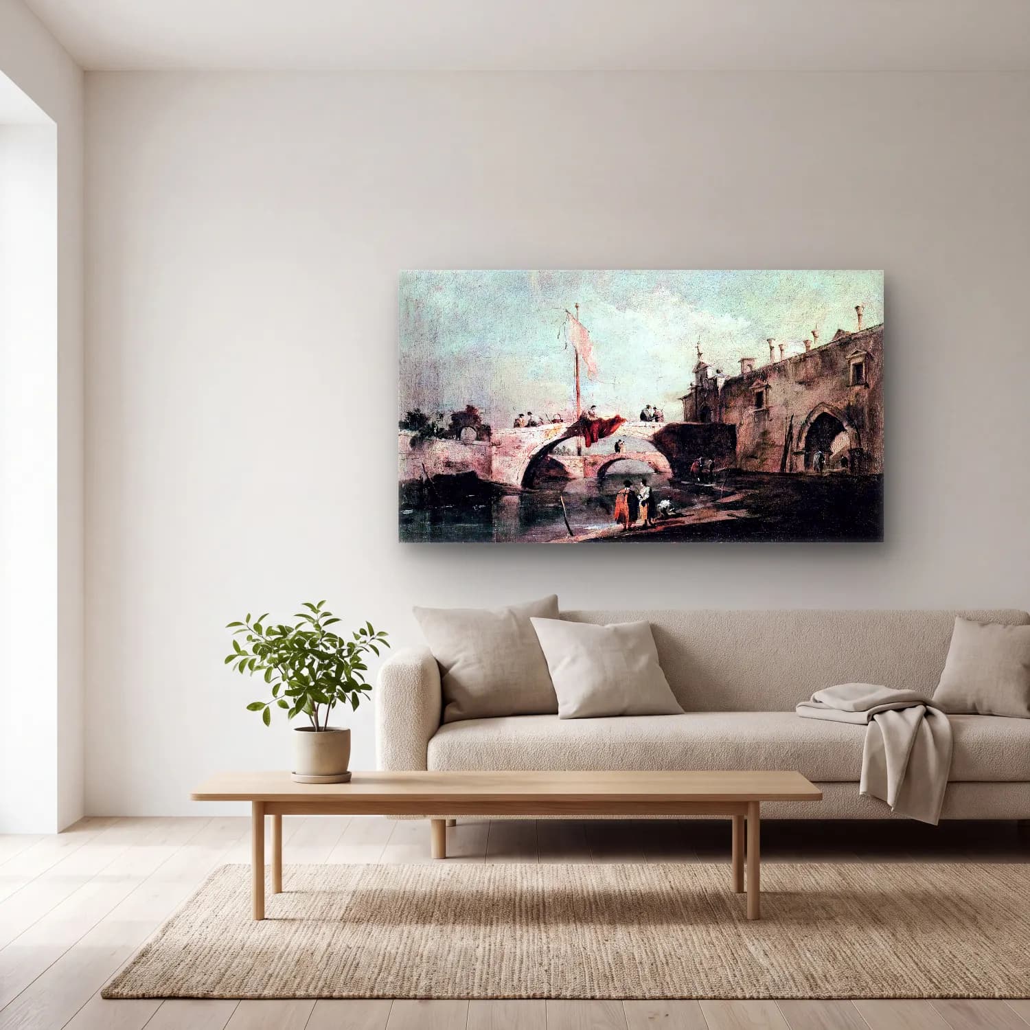 Francesco Guardi – Town with a Bridge cam tablo — açık renk salonda