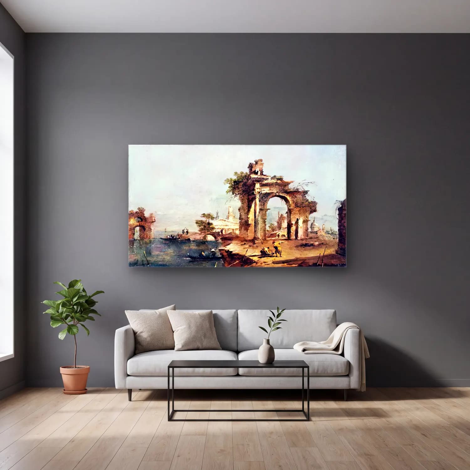 Francesco Guardi – Venetian Capriccio cam tablo — gri duvarlı salonda