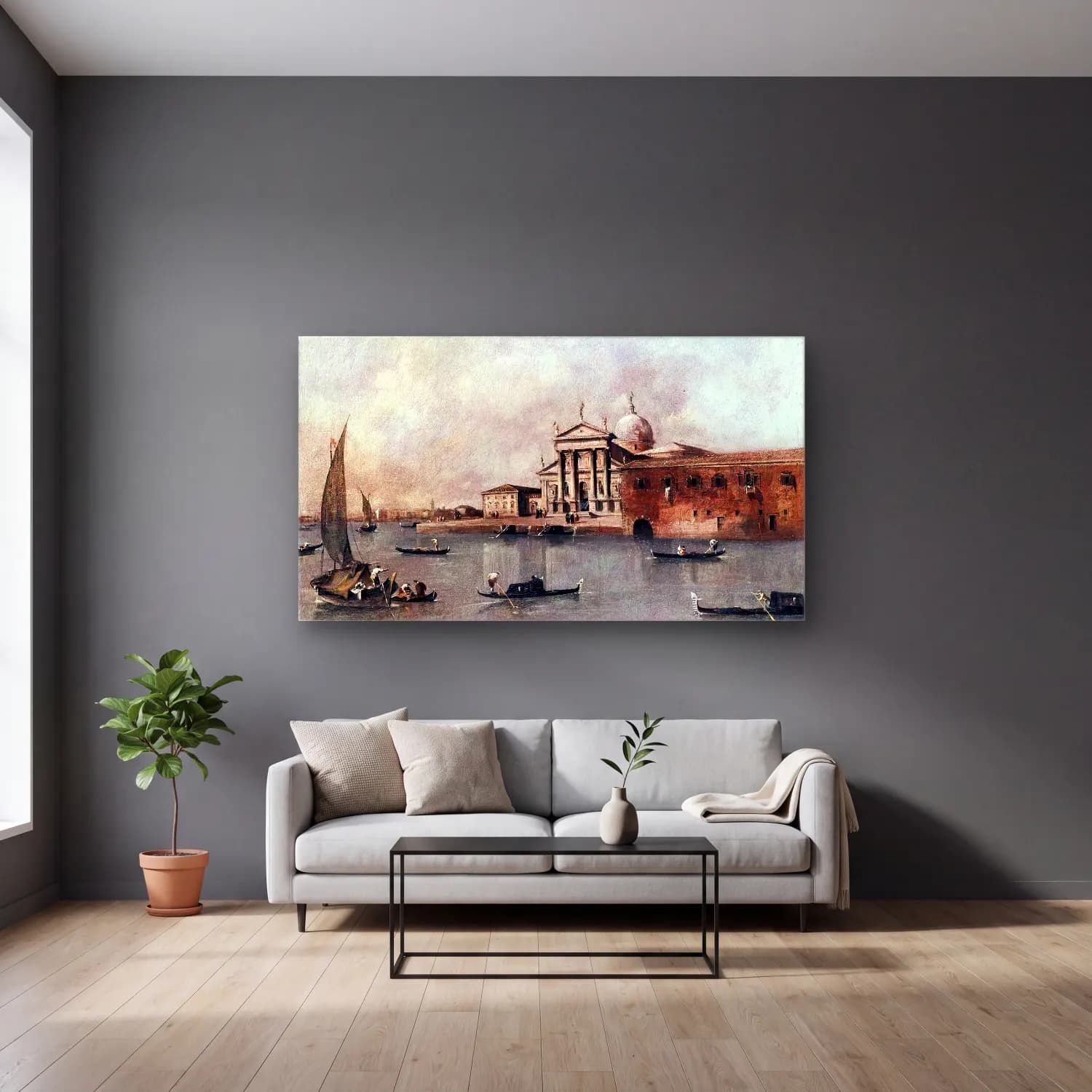 Francesco Guardi – Venice A View of the Church of San Giorgio Maggiore Seen… cam tablo — gri duvarlı salonda