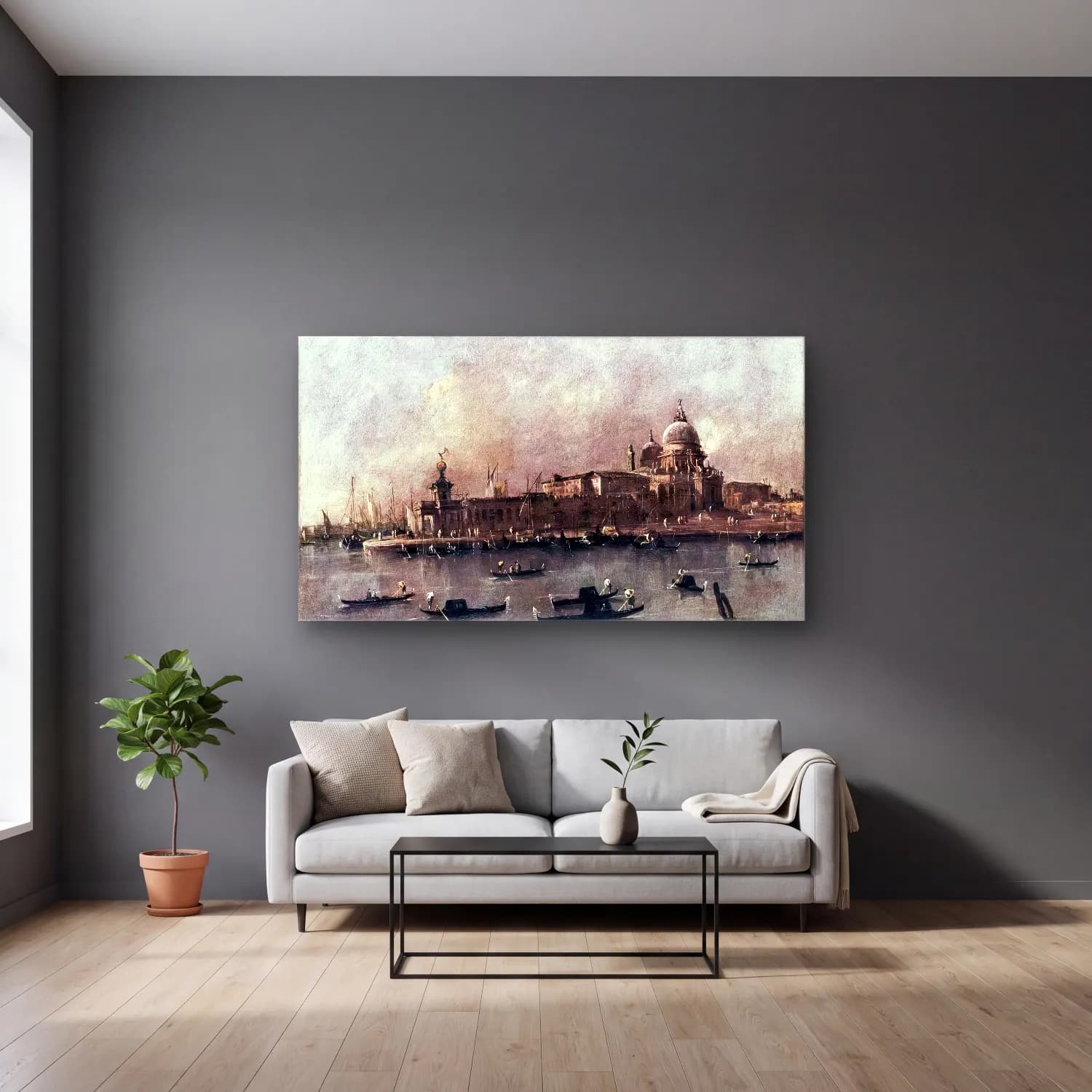 Francesco Guardi – Venice A View of the Entrance to the Grand Canal cam tablo — gri duvarlı salonda