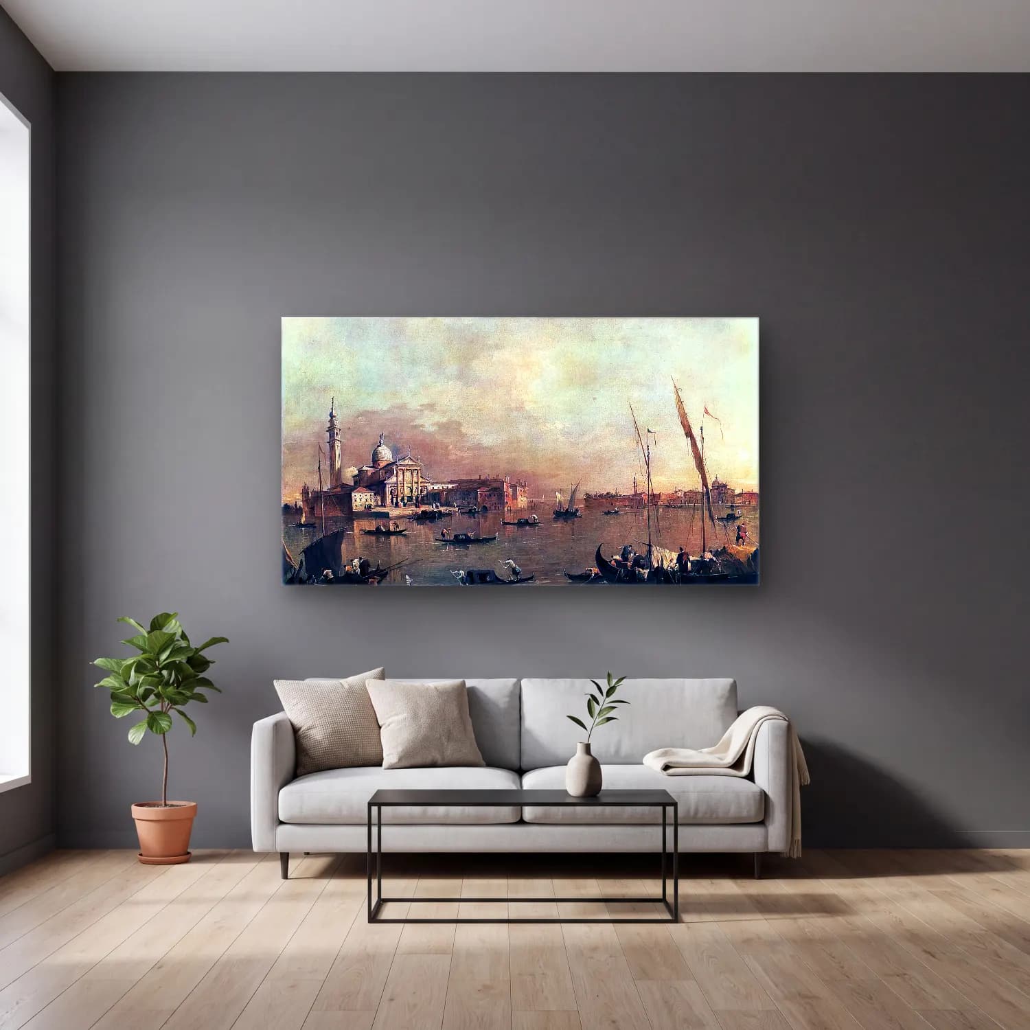 Francesco Guardi – Venice San Giorgio Maggiore cam tablo — gri duvarlı salonda