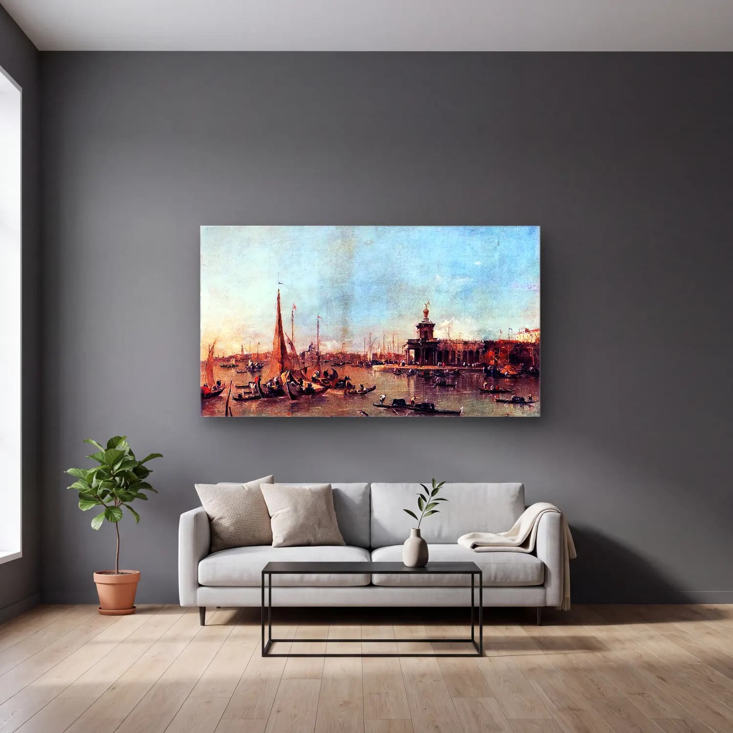 Francesco Guardi – Venice The Dogana with the Giudecca cam tablo — gri duvarlı salonda