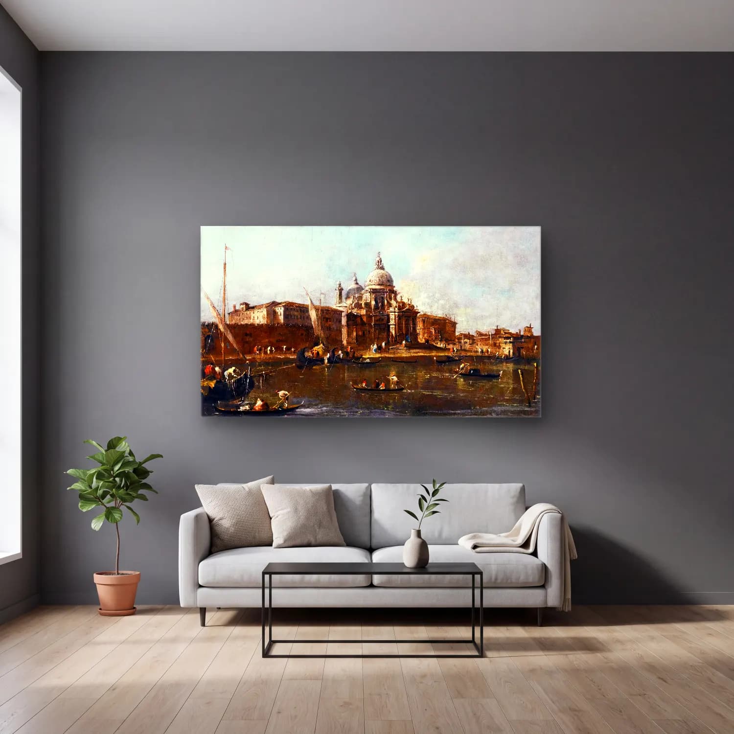 Francesco Guardi – View of Santa Maria della Salute Looking West cam tablo — gri duvarlı salonda