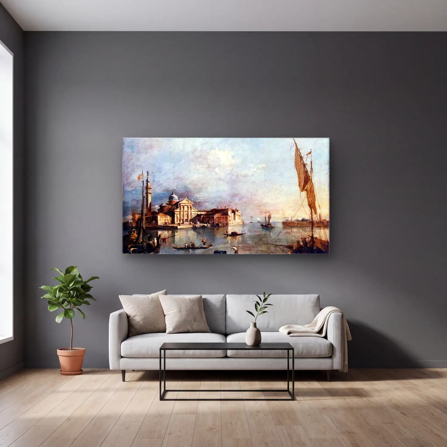 Francesco Guardi – View of the Island of San Giorgio Maggiore cam tablo — gri duvarlı salonda