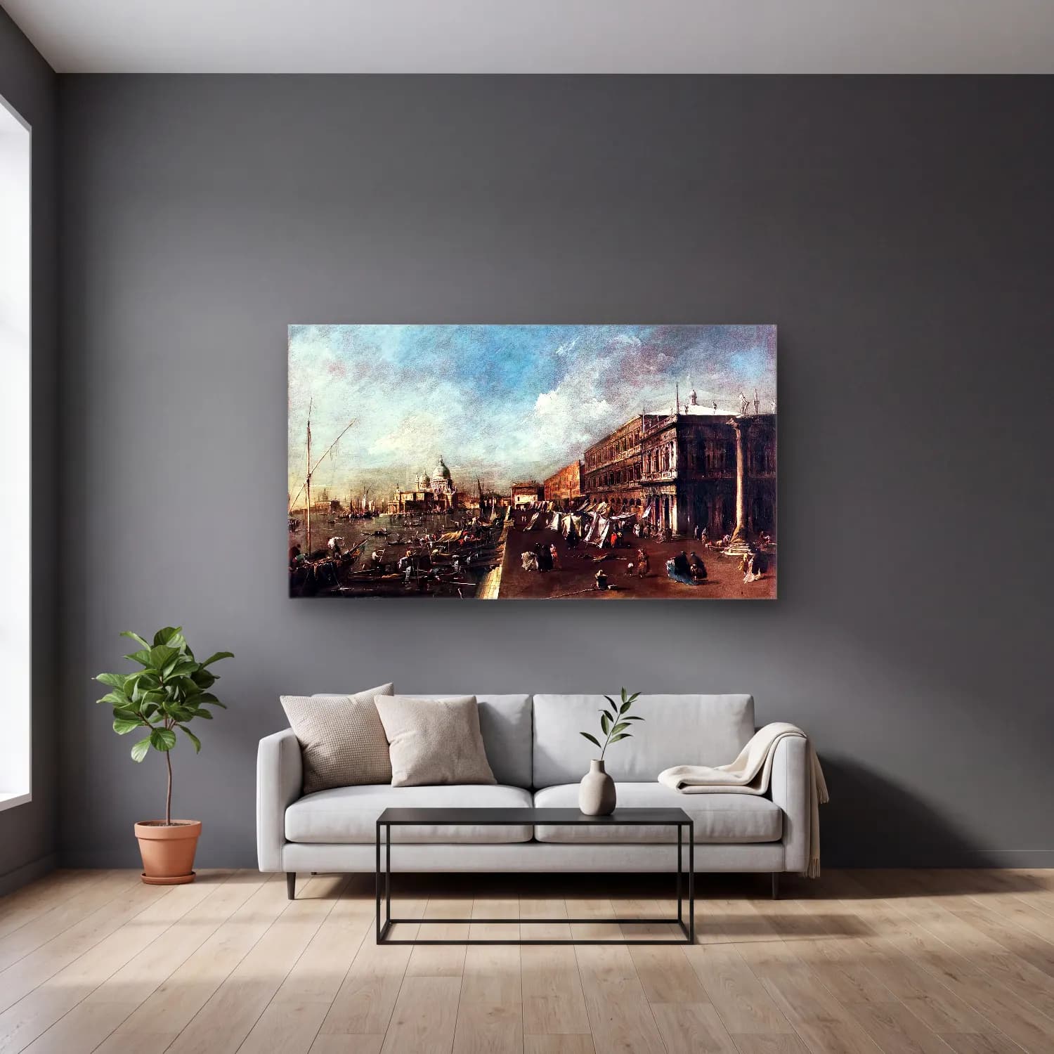 Francesco Guardi – View of the Molo towards the Santa Maria della Salute cam tablo — gri duvarlı salonda