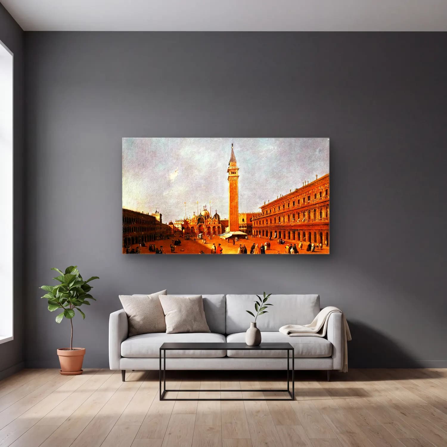 Francesco Guardi – View of the Piazza San Marco, Looking East cam tablo — gri duvarlı salonda