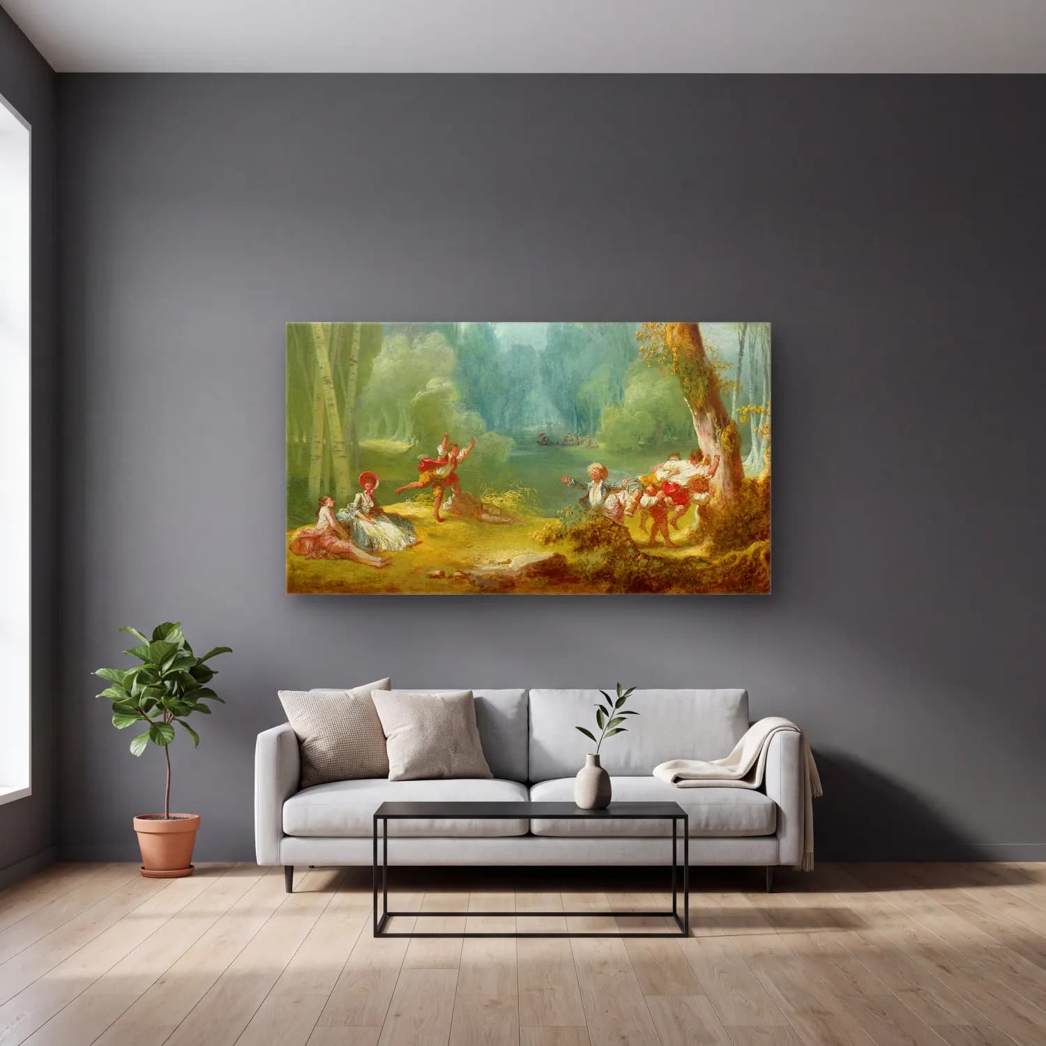 Jean-Honoré Fragonard – A Game of Horse and Rider cam tablo — gri duvarlı salonda