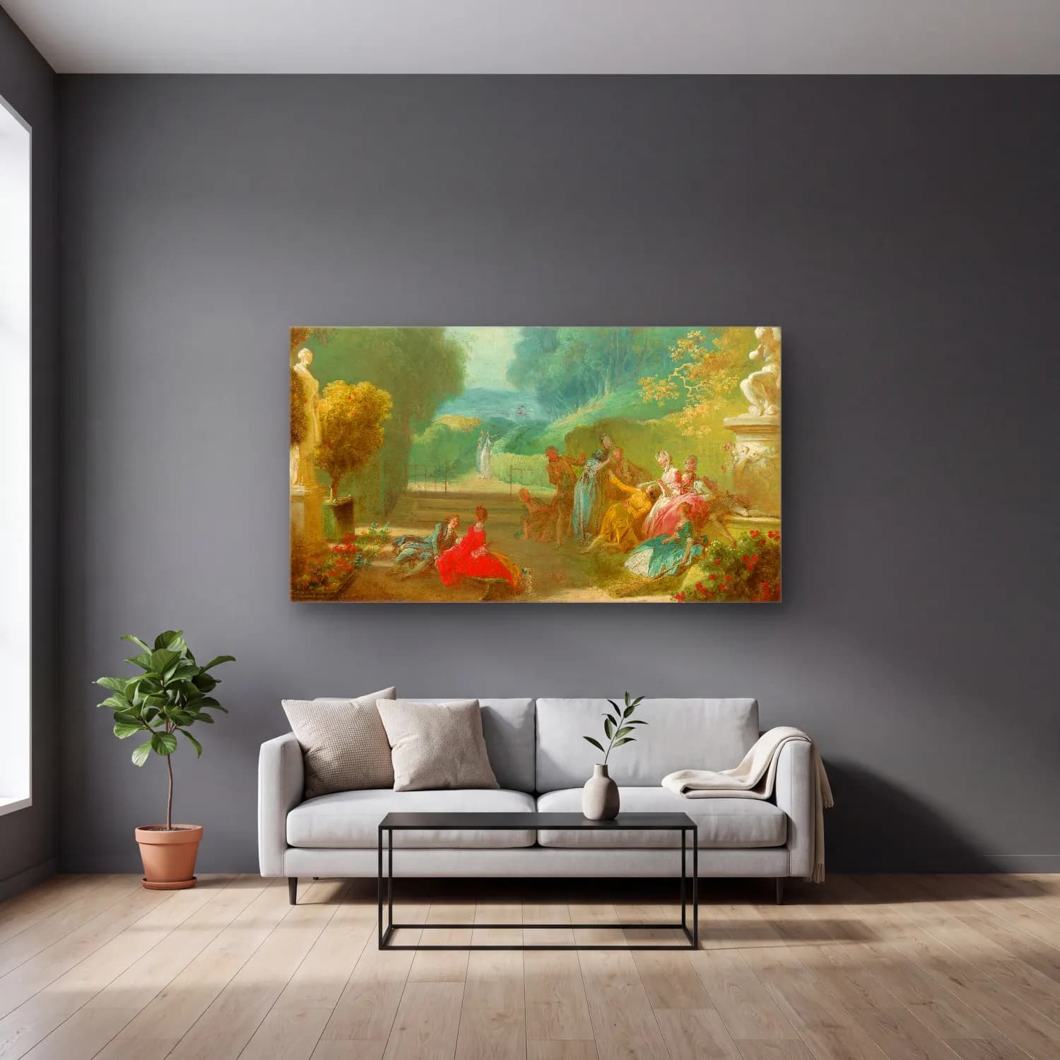 Jean-Honoré Fragonard – A Game of Hot Cockles cam tablo — gri duvarlı salonda