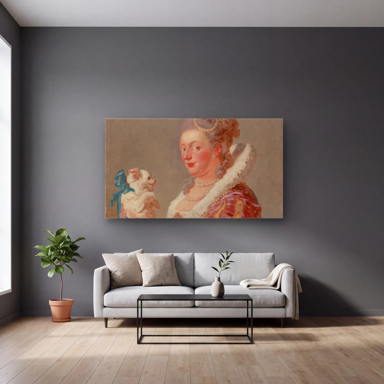 Jean-Honoré Fragonard – A Woman with a Dog cam tablo — gri duvarlı salonda