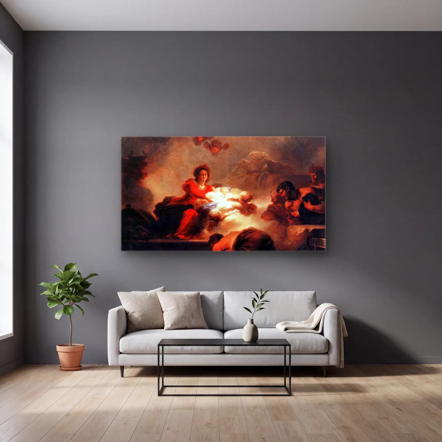 Jean-Honoré Fragonard – Adoration of the Shepherds cam tablo — gri duvarlı salonda
