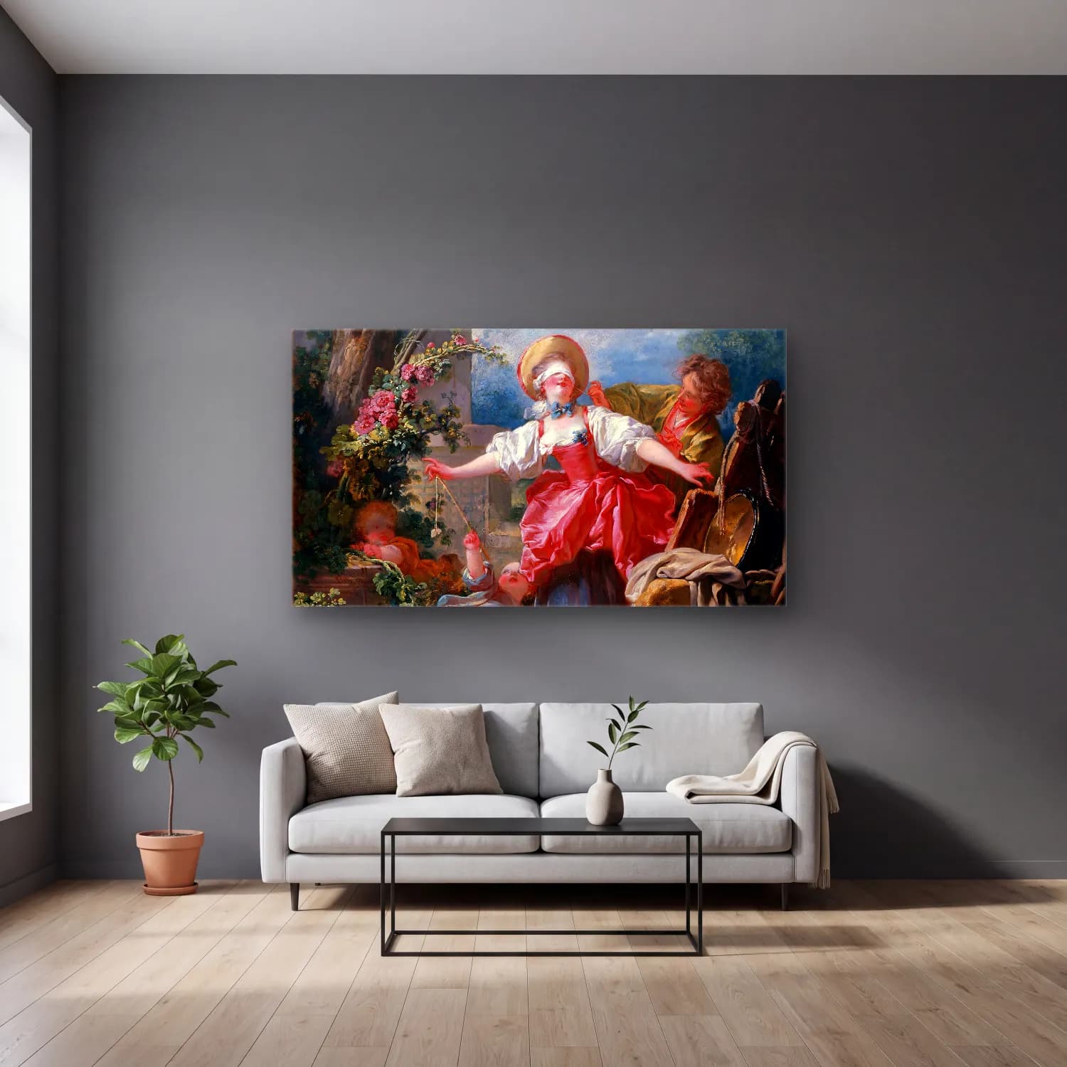 Jean-Honoré Fragonard – Blind Mans Bluff cam tablo — gri duvarlı salonda