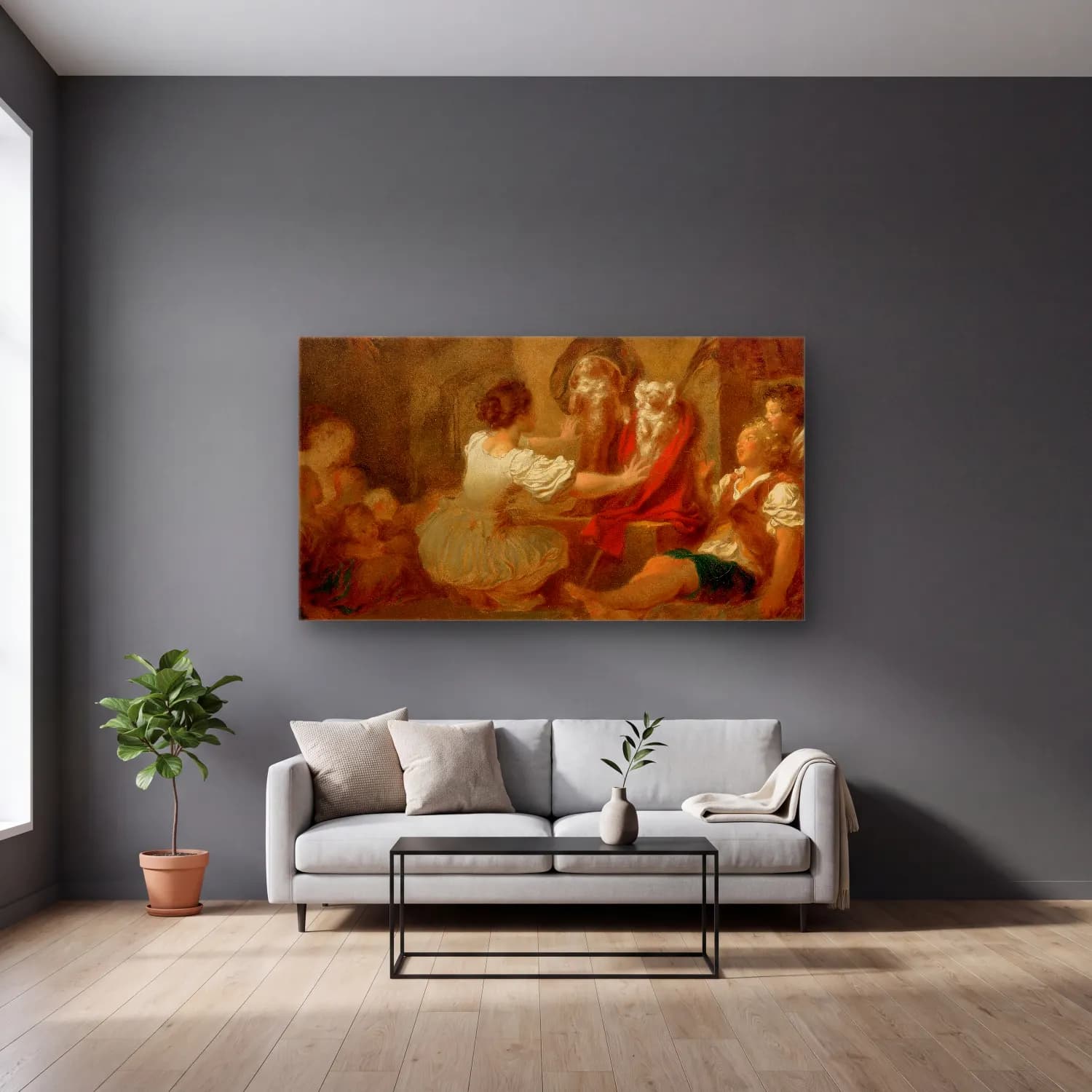 Jean-Honoré Fragonard – Education is Everything cam tablo — gri duvarlı salonda