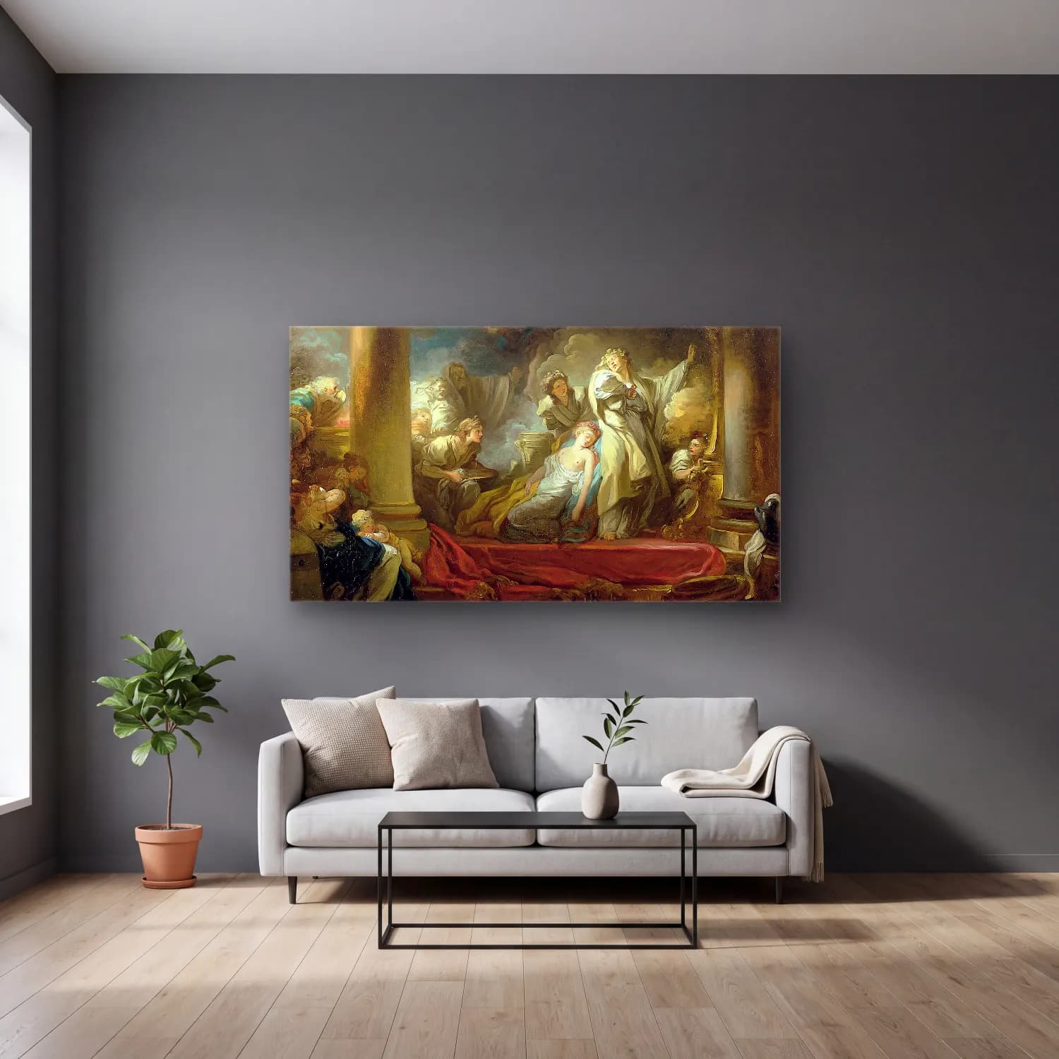 Jean-Honoré Fragonard – El sacrificio de Caliroe cam tablo — gri duvarlı salonda