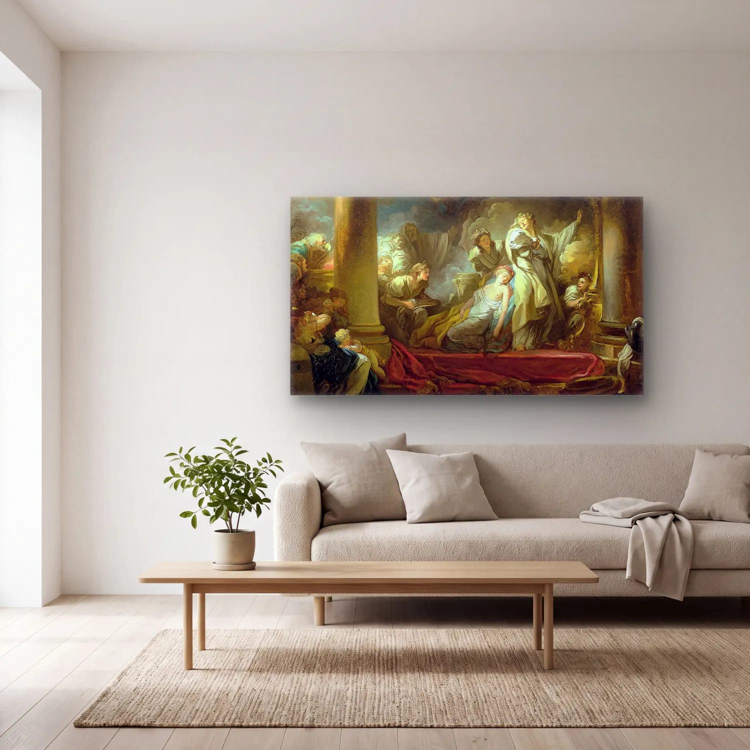Jean-Honoré Fragonard – El sacrificio de Caliroe cam tablo — açık renk salonda
