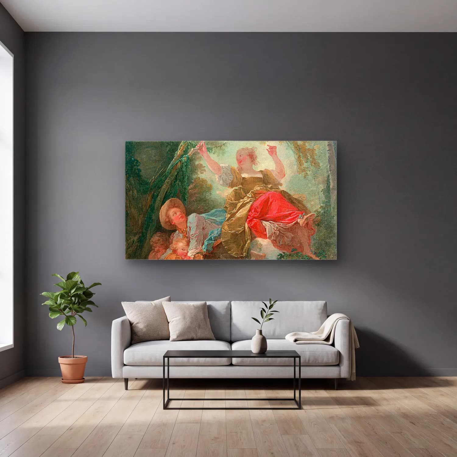 Jean-Honoré Fragonard – Fragonard The See Saw cam tablo — gri duvarlı salonda