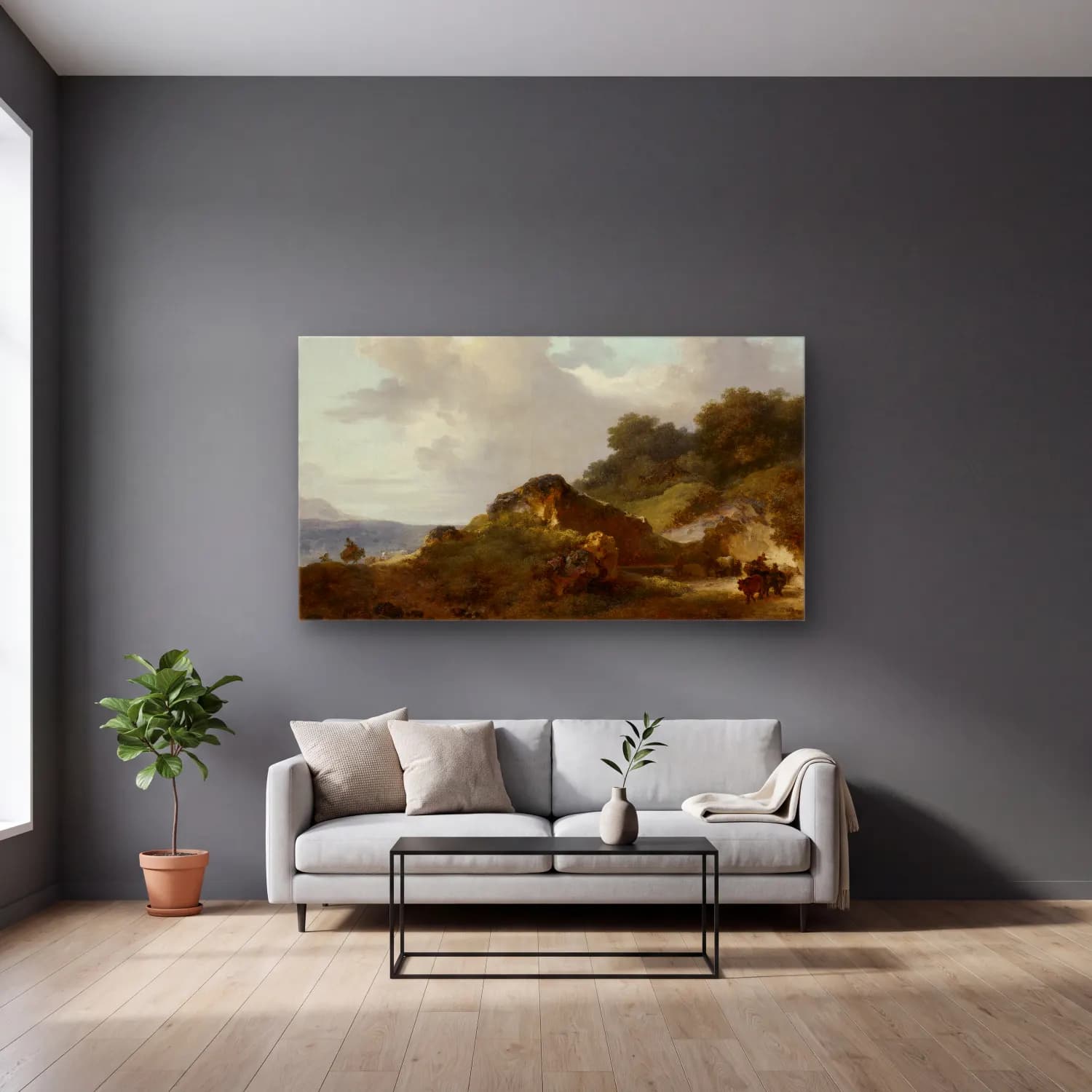 Jean-Honoré Fragonard – Fragonard, Jean-Honoré-Le Rocher-Lyon, MBA cam tablo — gri duvarlı salonda
