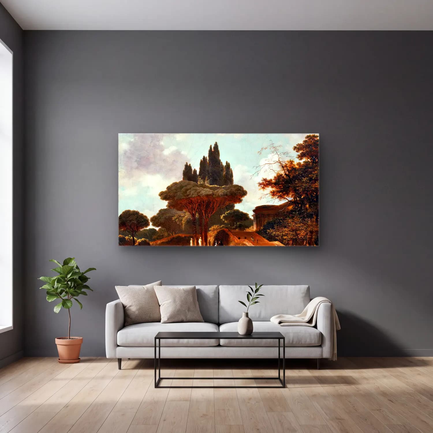 Jean-Honoré Fragonard – Italian Landscape with Stairs cam tablo — gri duvarlı salonda