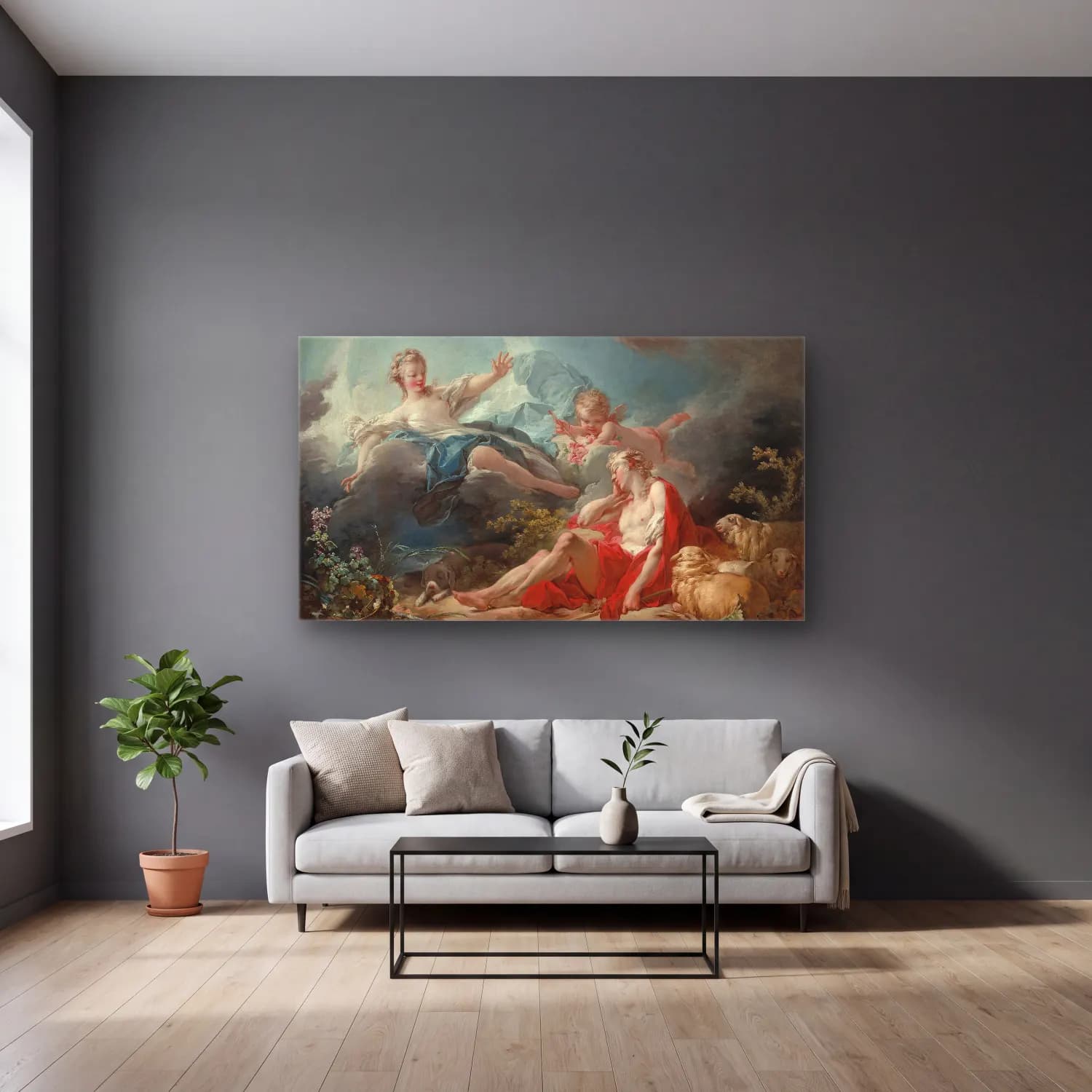 Jean-Honoré Fragonard – Jean Honoré Fragonard Diana and Endymion cam tablo — gri duvarlı salonda