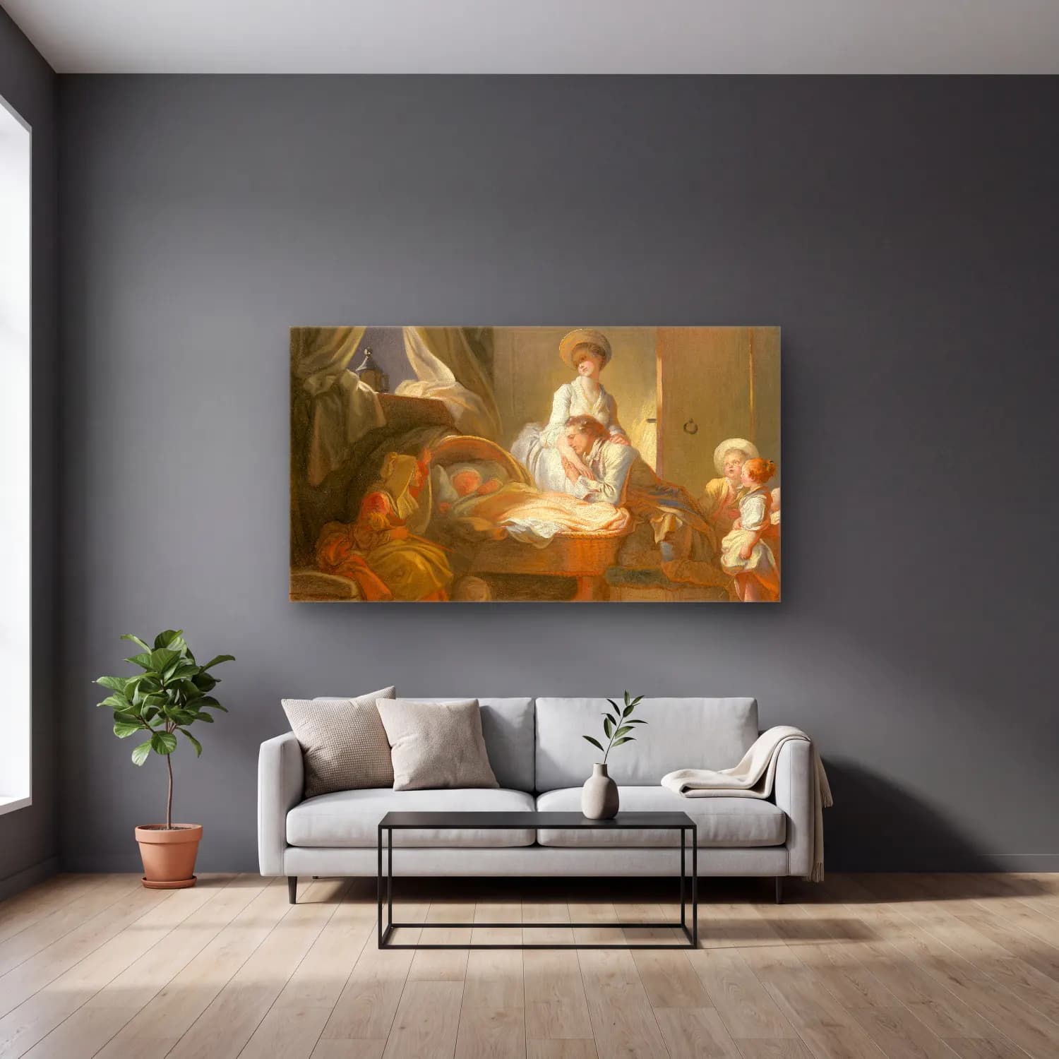 Jean-Honoré Fragonard – Jean Honoré Fragonard The Visit to the Nursery cam tablo — gri duvarlı salonda