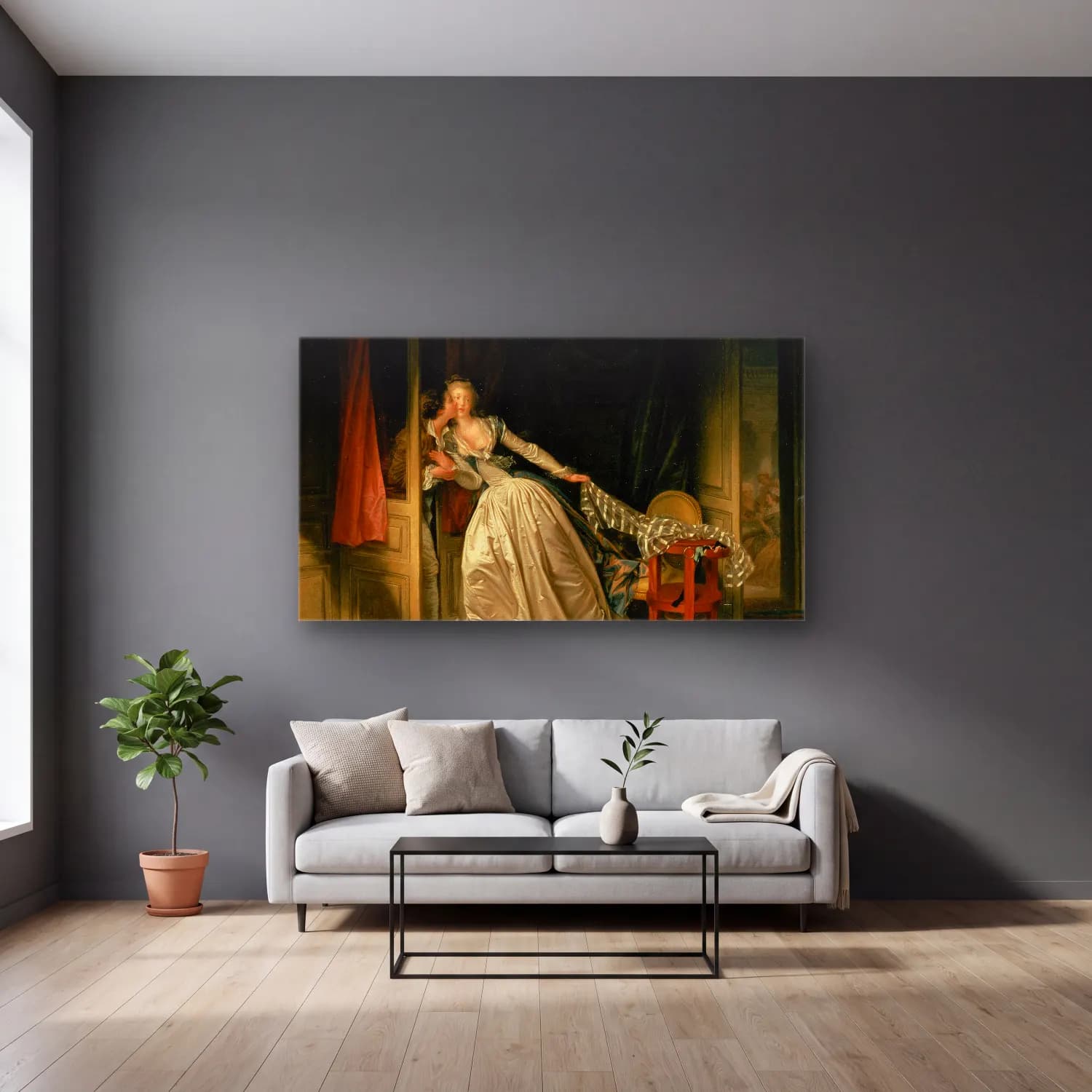 Jean-Honoré Fragonard – Jean-Honoré Fragonard The Stolen Kiss cam tablo — gri duvarlı salonda
