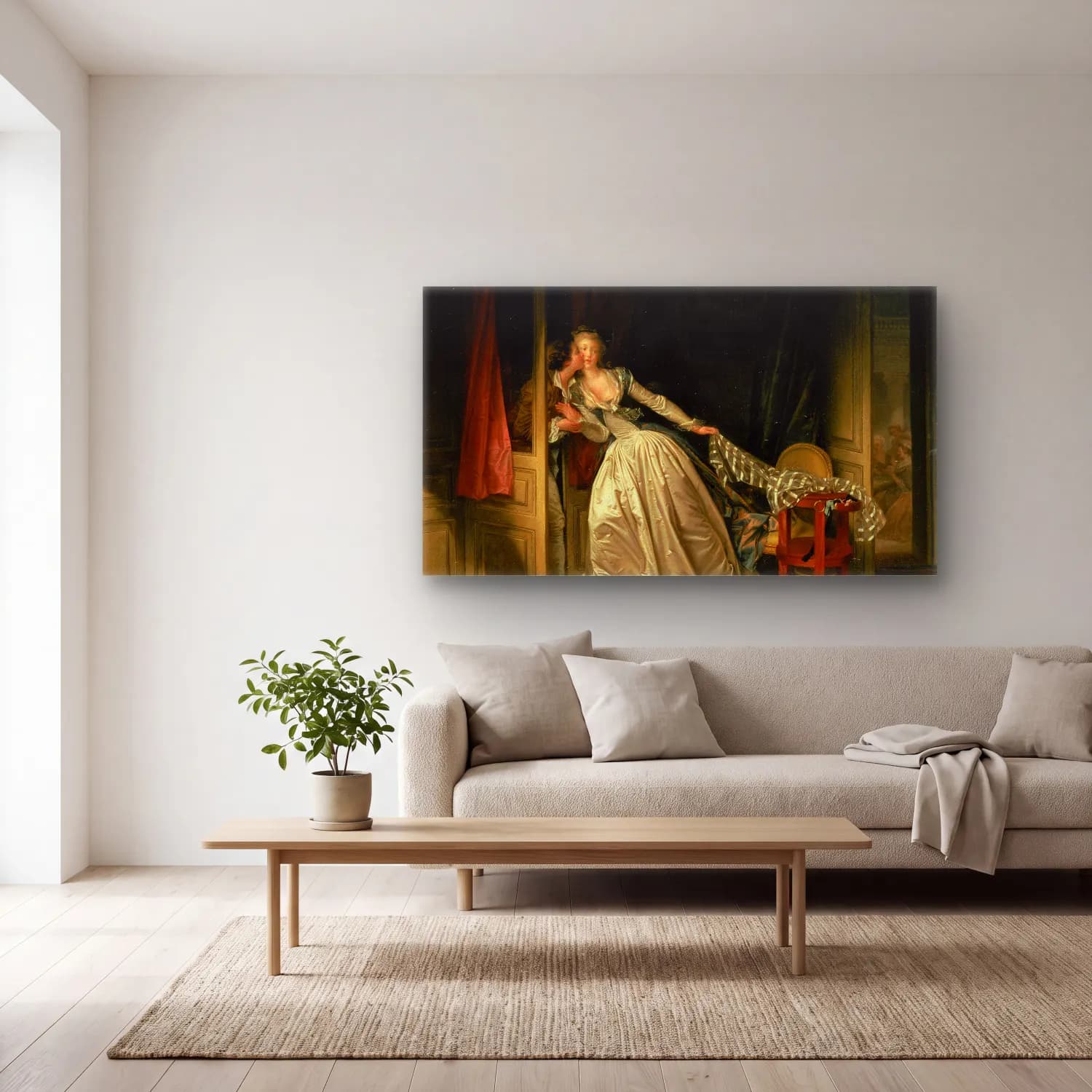 Jean-Honoré Fragonard – Jean-Honoré Fragonard The Stolen Kiss cam tablo — açık renk salonda