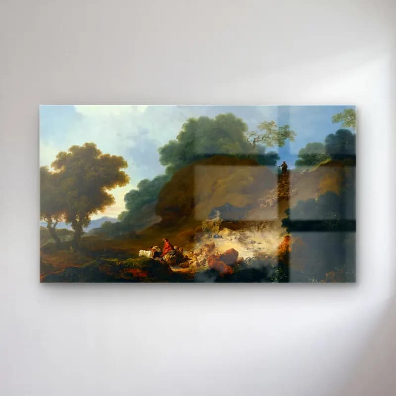 Jean-Honoré Fragonard – Landscape with Shepherds and Flock of Sheep cam tablo — Jean-Honoré Fragonard – Landscape with Shepherds and Flock of Sheep — yağlı boya dağ manzarası