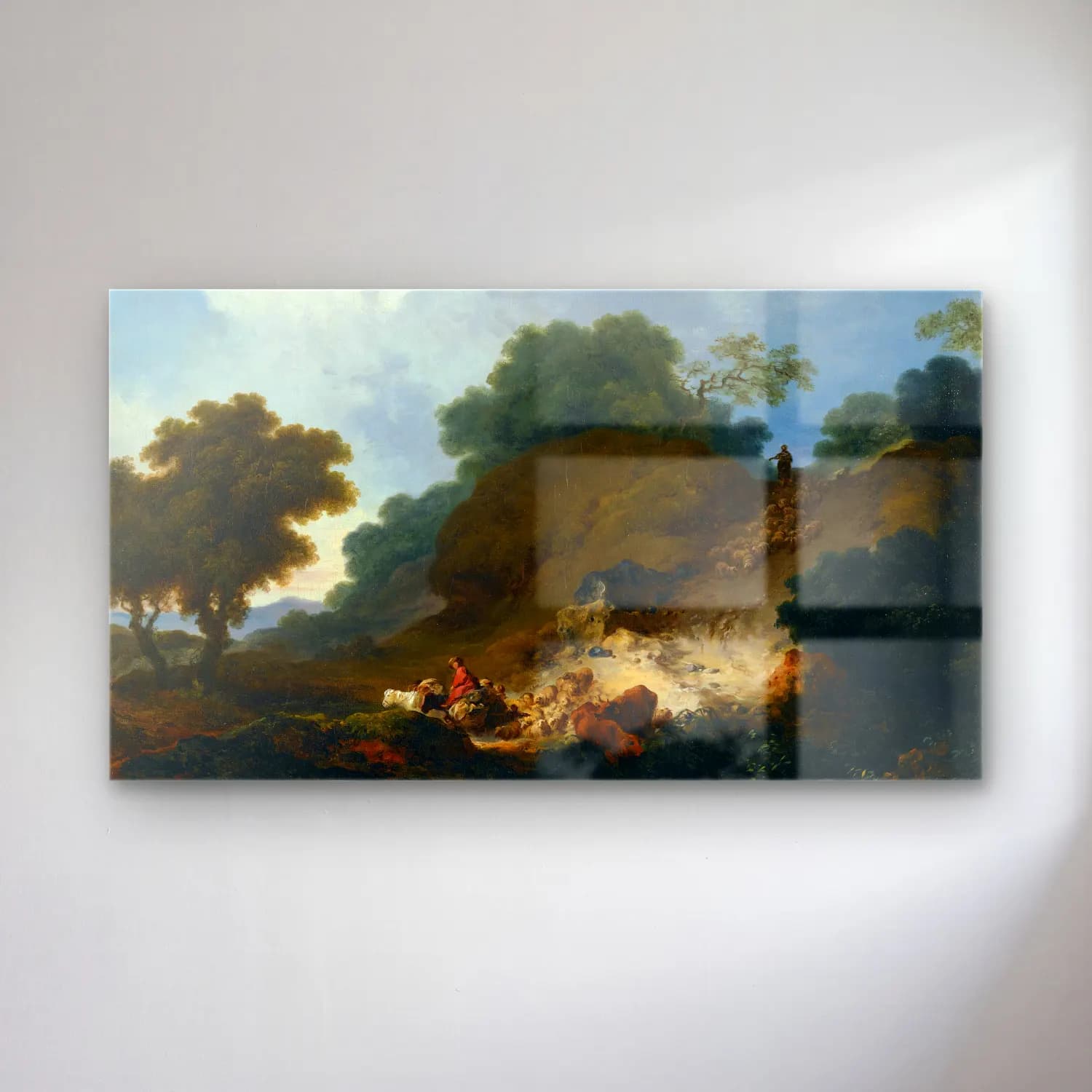 Jean-Honoré Fragonard – Landscape with Shepherds and Flock of Sheep cam tablo — Jean-Honoré Fragonard – Landscape with Shepherds and Flock of Sheep — yağlı boya dağ manzarası