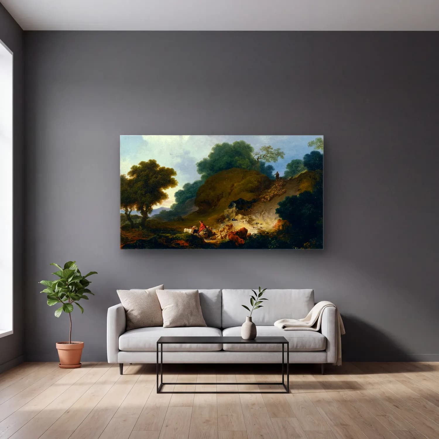 Jean-Honoré Fragonard – Landscape with Shepherds and Flock of Sheep cam tablo — gri duvarlı salonda