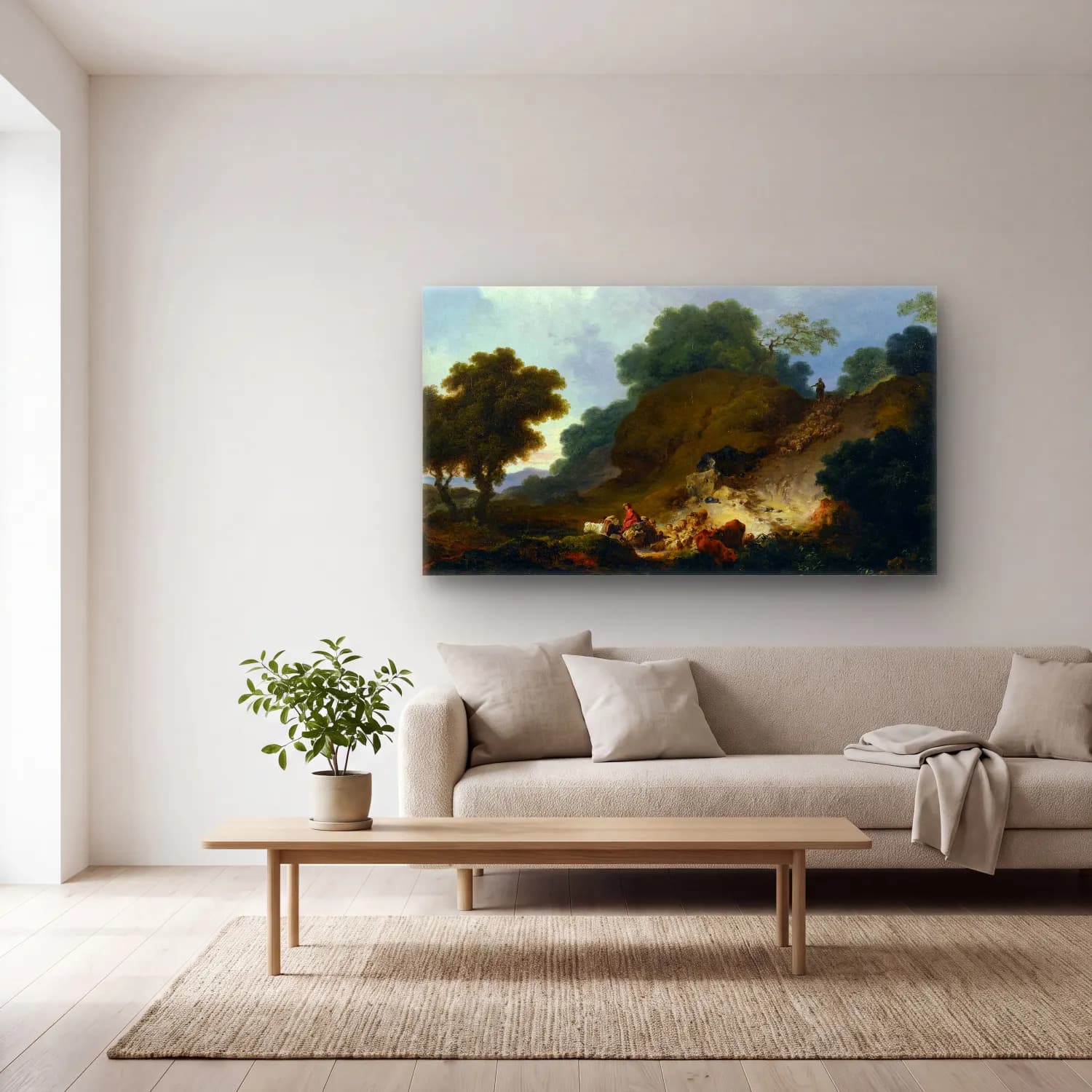 Jean-Honoré Fragonard – Landscape with Shepherds and Flock of Sheep cam tablo — açık renk salonda