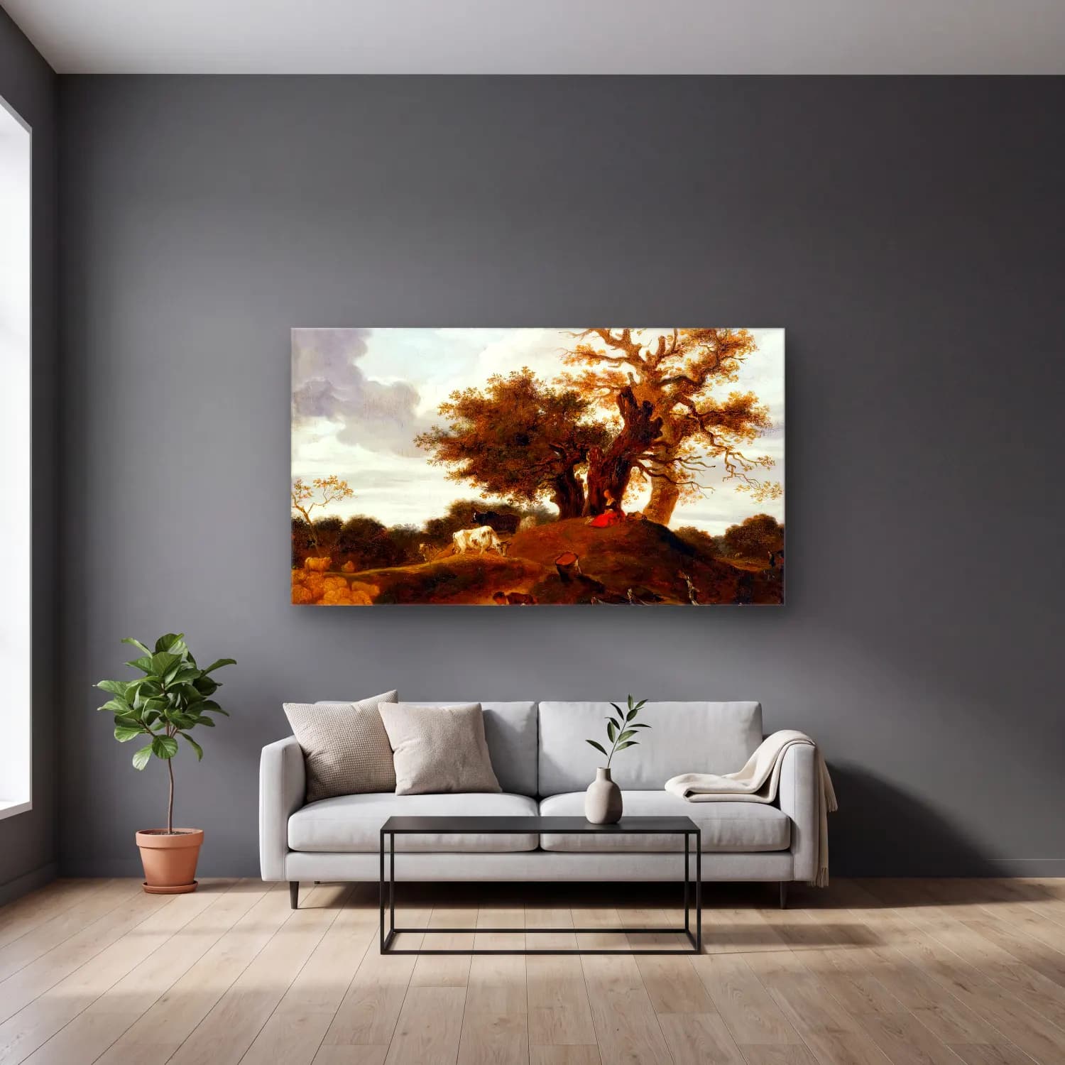 Jean-Honoré Fragonard – Landscape with a Youth by a Pond cam tablo — gri duvarlı salonda