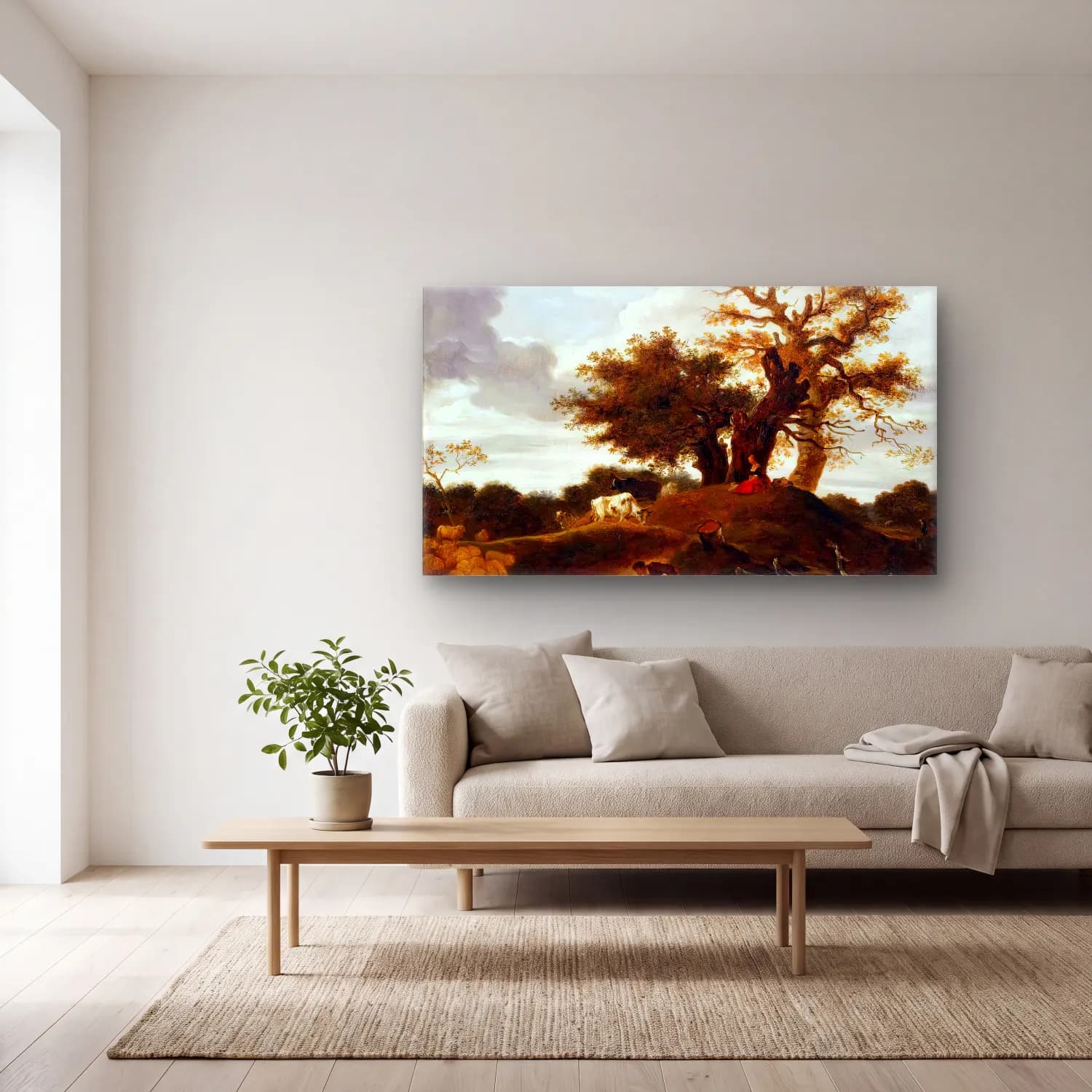 Jean-Honoré Fragonard – Landscape with a Youth by a Pond cam tablo — açık renk salonda