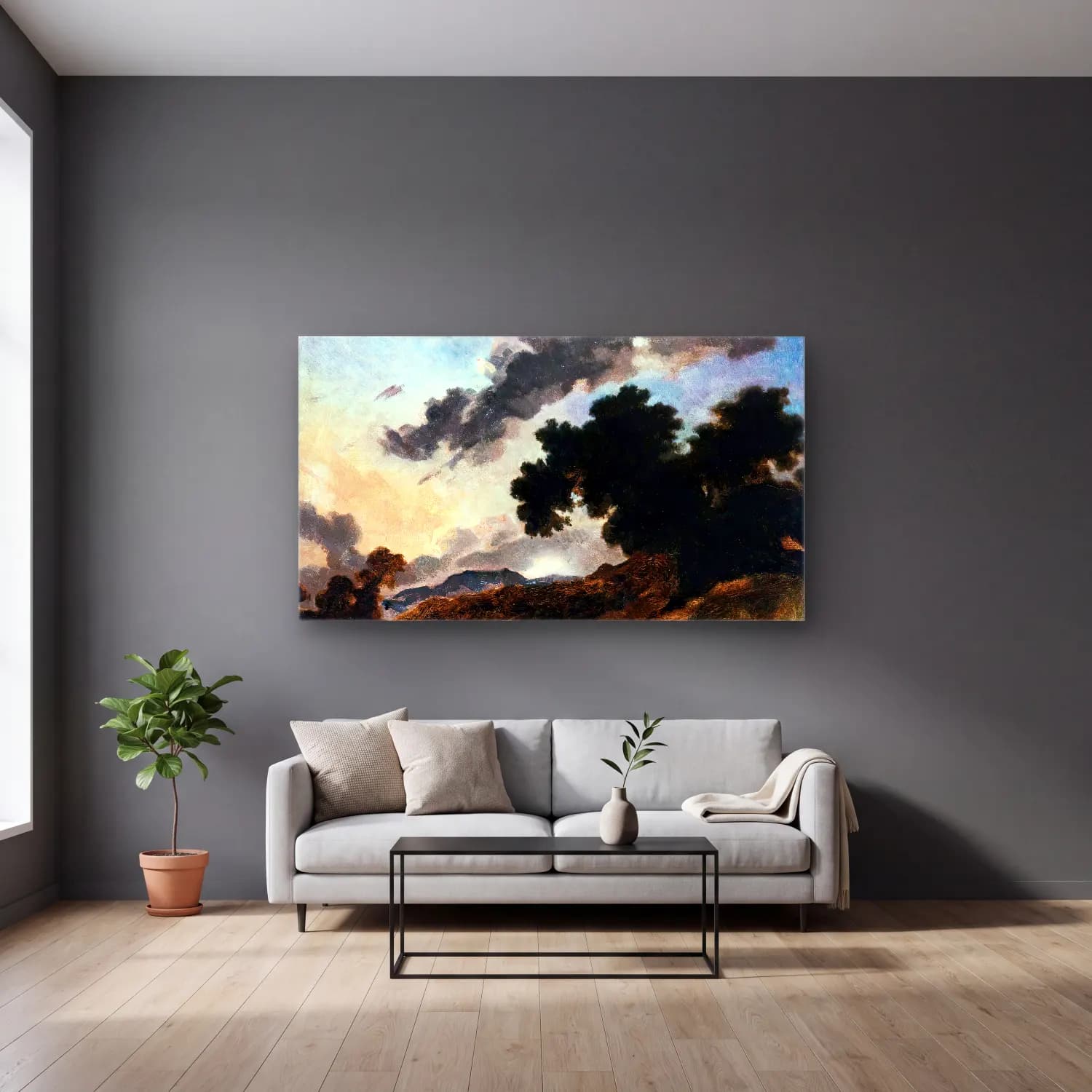 Jean-Honoré Fragonard – Mountain Landscape at Sunset cam tablo — gri duvarlı salonda
