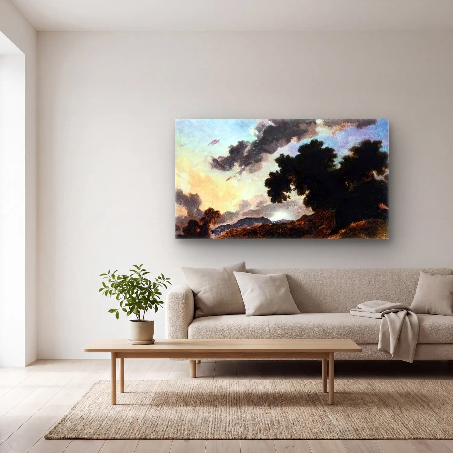 Jean-Honoré Fragonard – Mountain Landscape at Sunset cam tablo — açık renk salonda