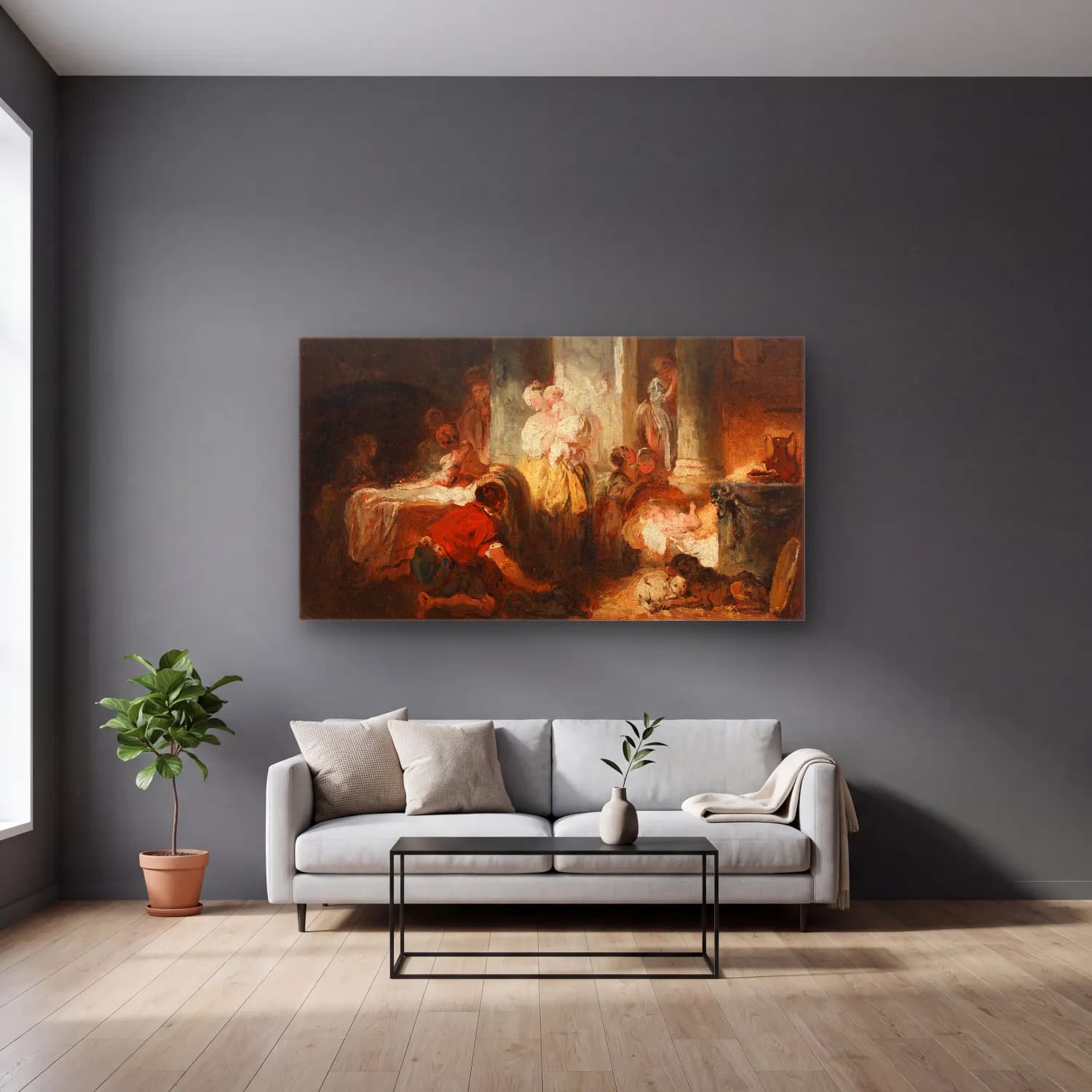 Jean-Honoré Fragonard – Roman Interior cam tablo — gri duvarlı salonda