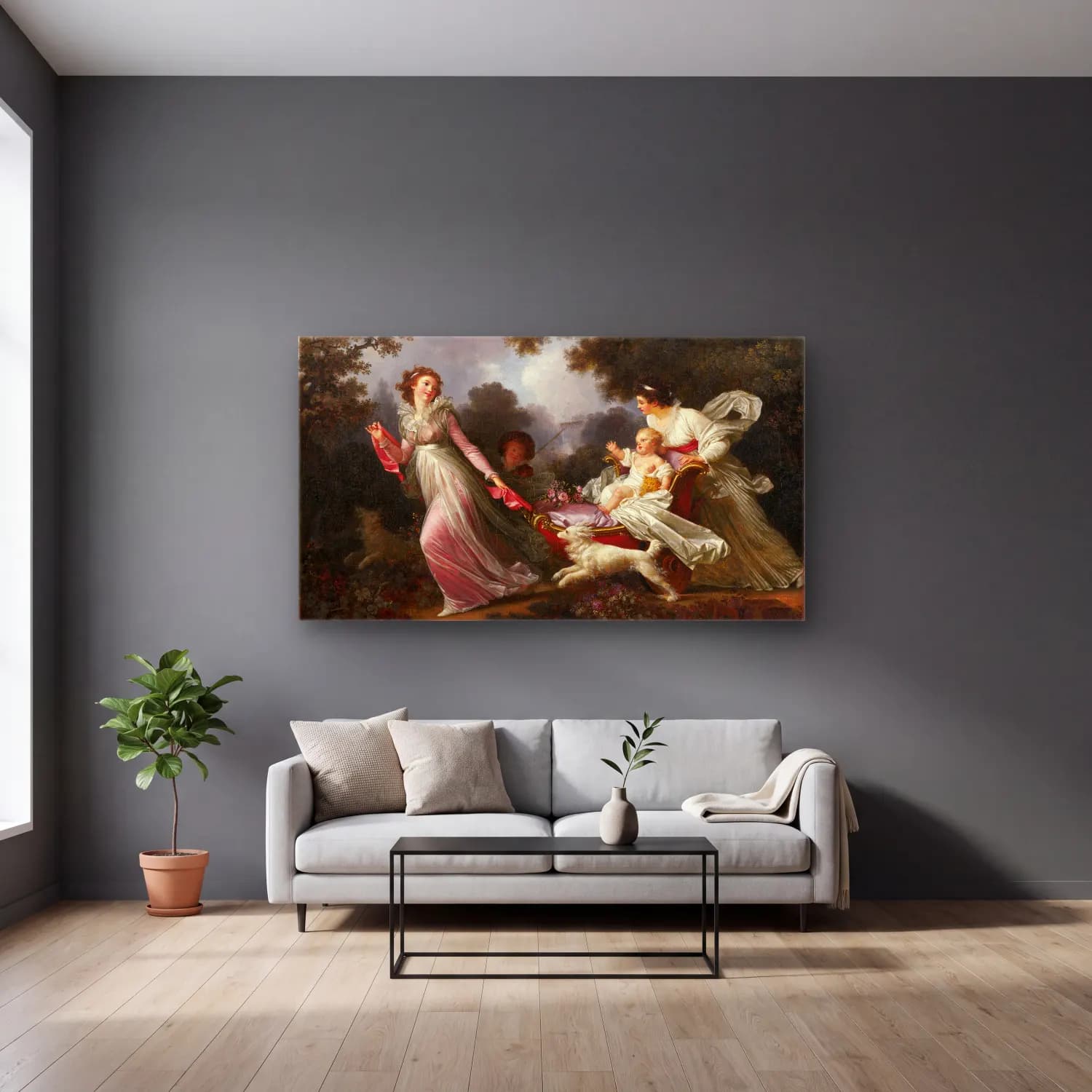 Jean-Honoré Fragonard – The Beloved Child cam tablo — gri duvarlı salonda