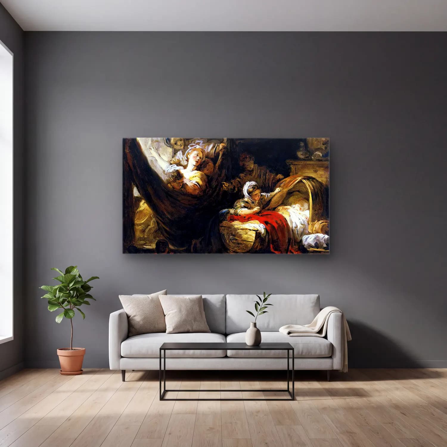 Jean-Honoré Fragonard – The Cradle cam tablo — gri duvarlı salonda