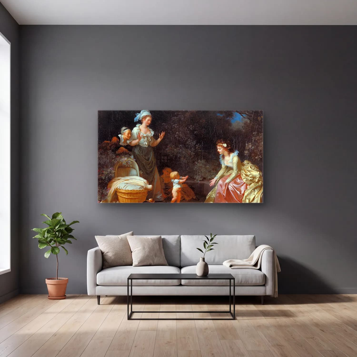 Jean-Honoré Fragonard – The First Steps cam tablo — gri duvarlı salonda