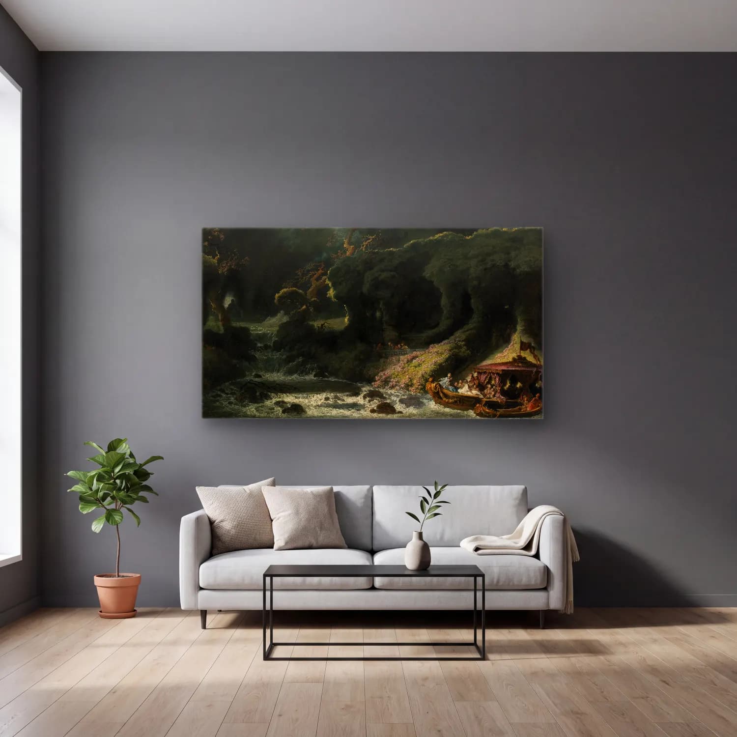 Jean-Honoré Fragonard – The Isle of Love cam tablo — gri duvarlı salonda