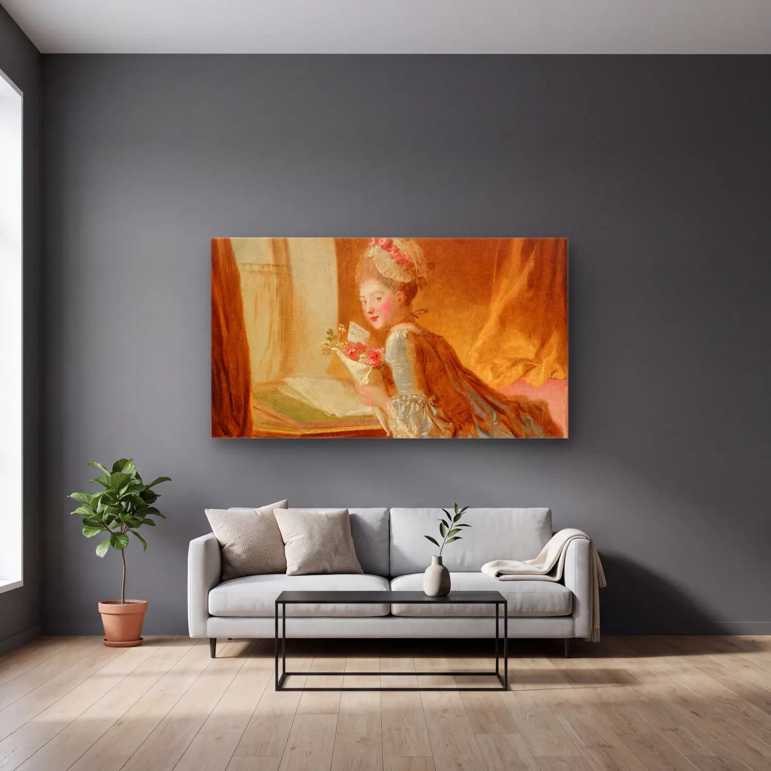 Jean-Honoré Fragonard – The Love Letter cam tablo — gri duvarlı salonda