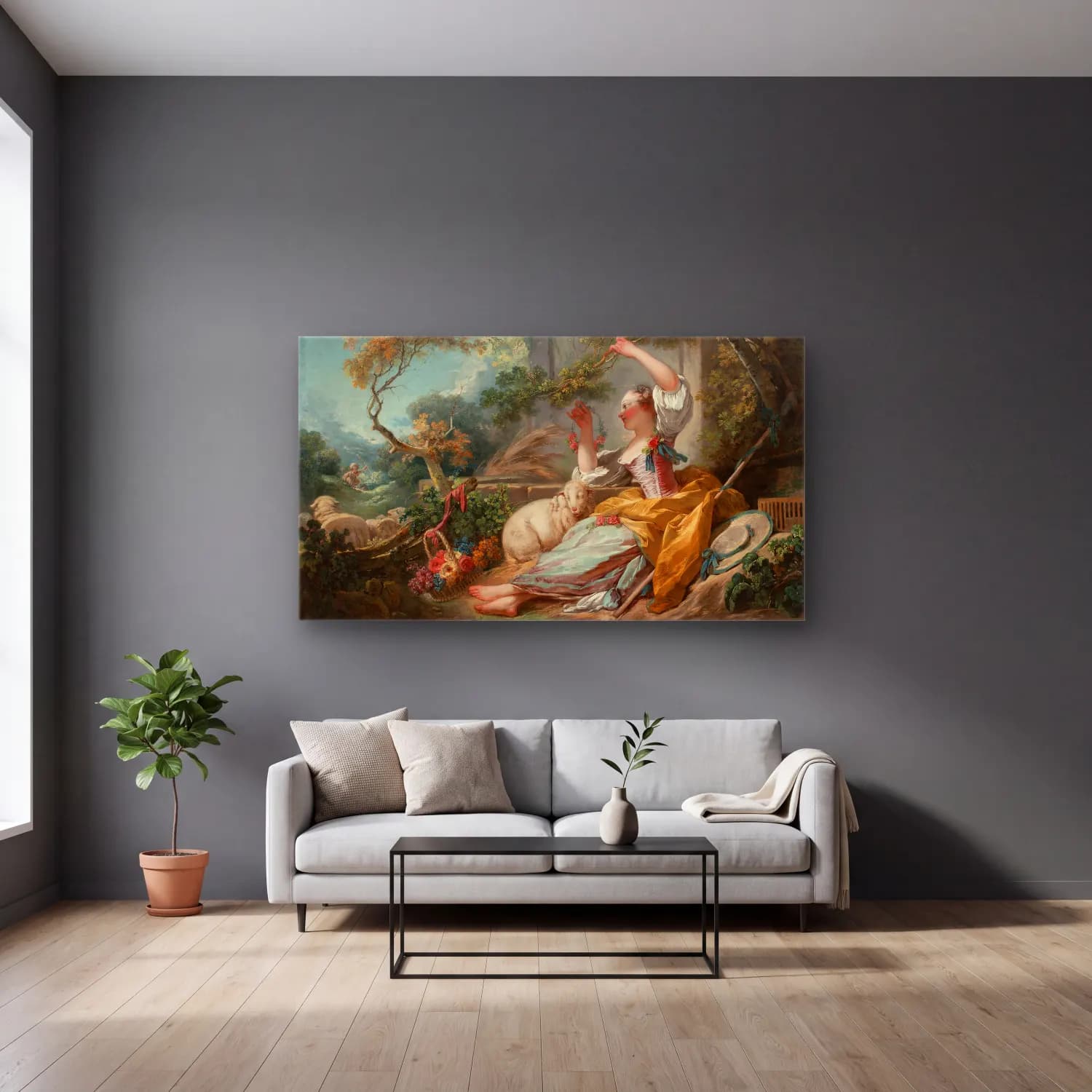 Jean-Honoré Fragonard – The Shepherdess cam tablo — gri duvarlı salonda