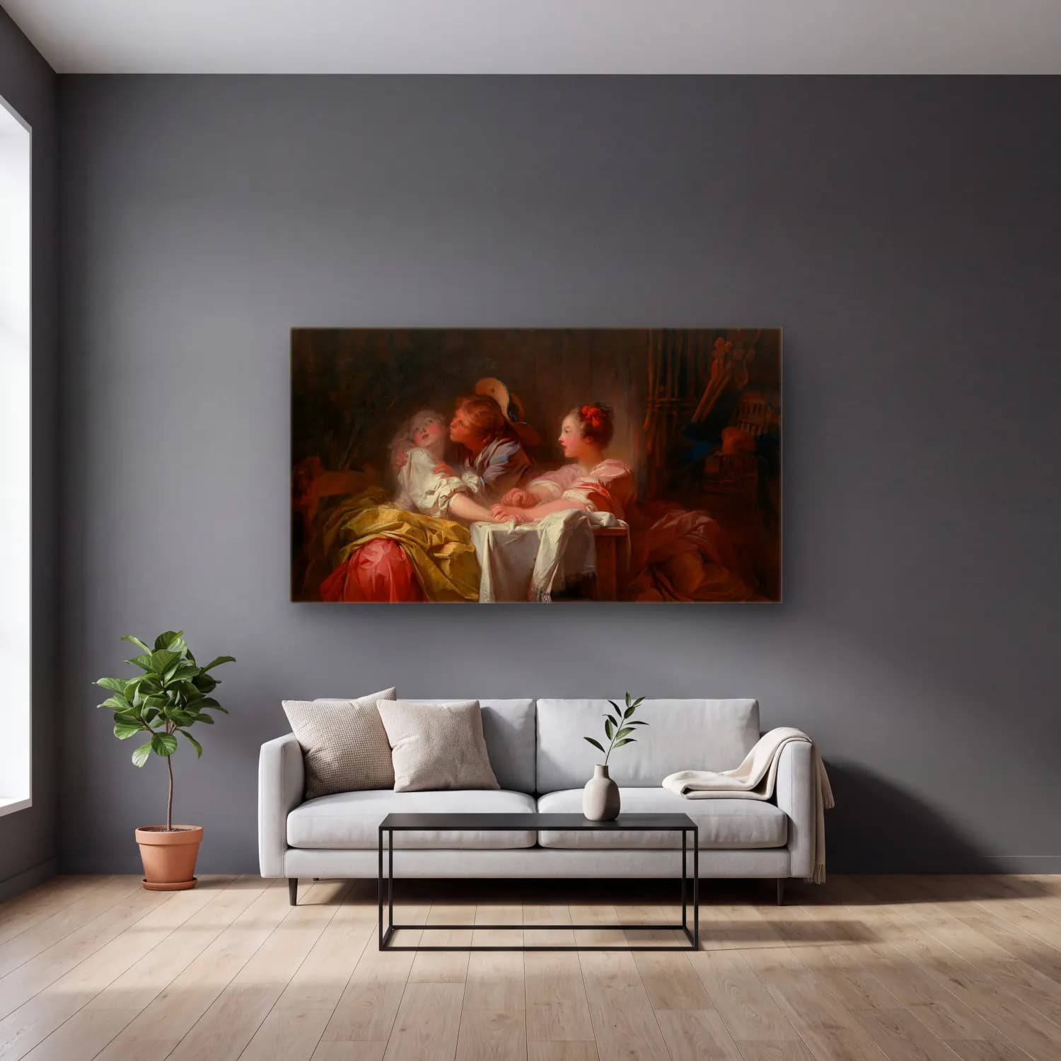 Jean-Honoré Fragonard – The Stolen Kiss cam tablo — gri duvarlı salonda