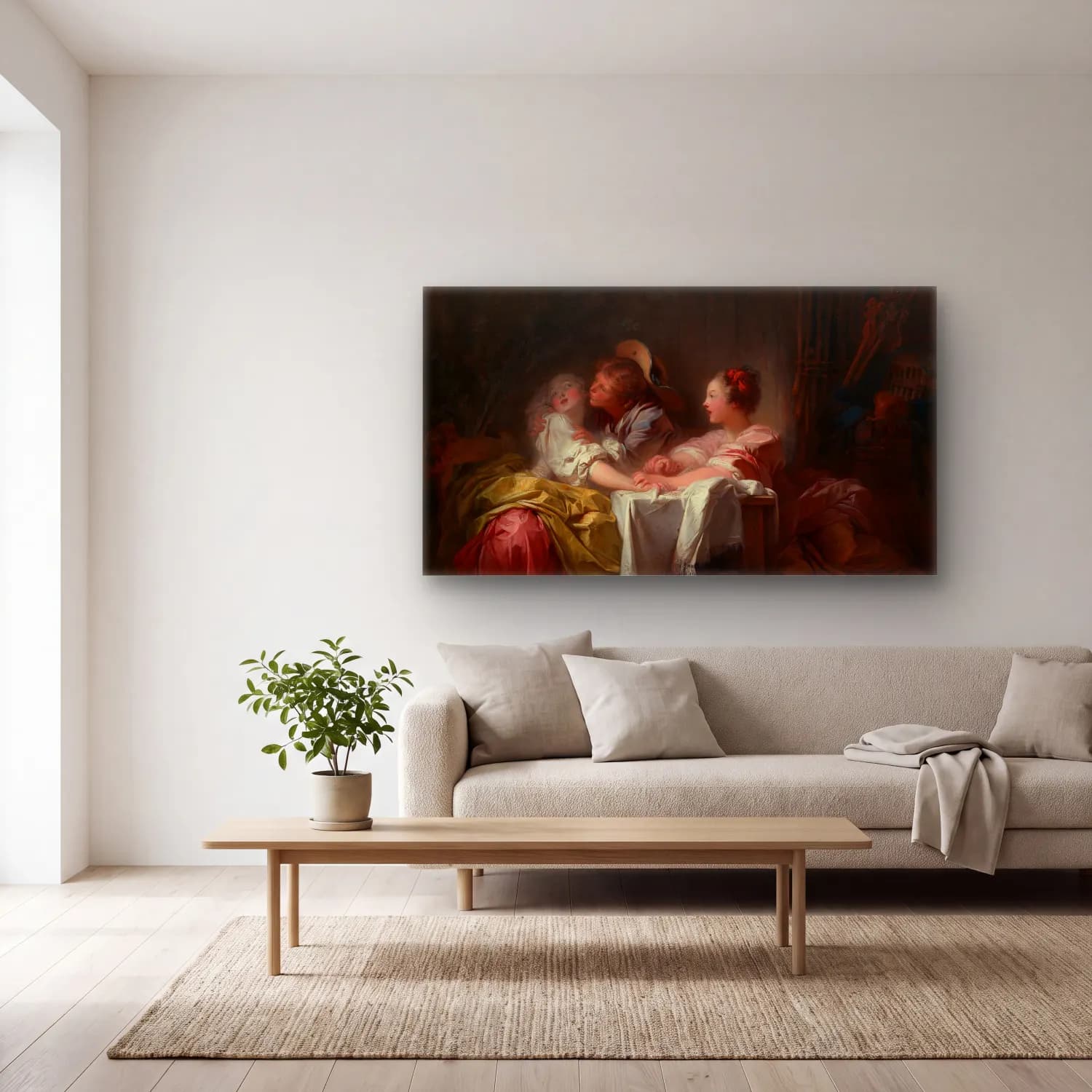 Jean-Honoré Fragonard – The Stolen Kiss cam tablo — açık renk salonda